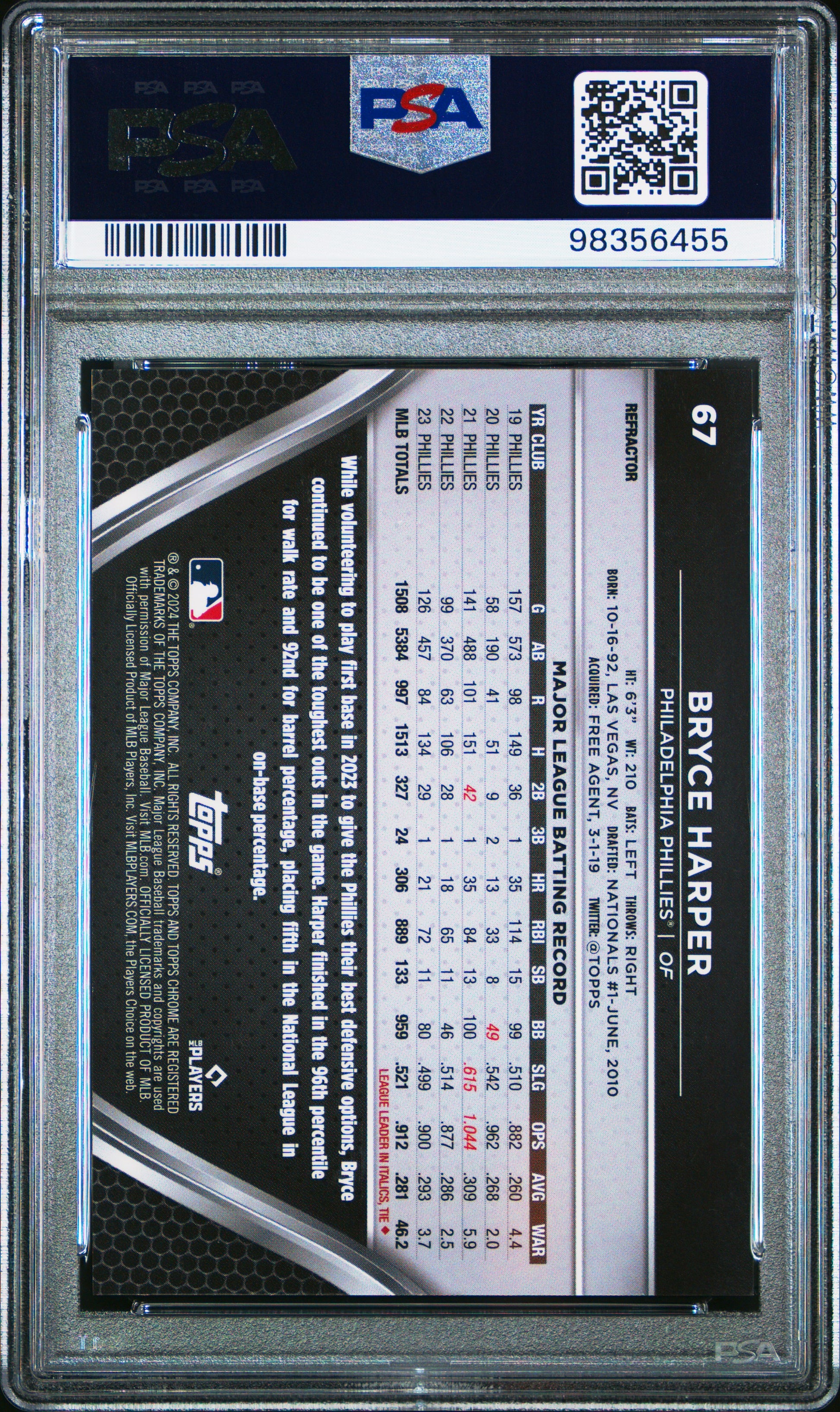 2024 Topps Chrome Black #67 Bryce Harper Refractor PSA 10