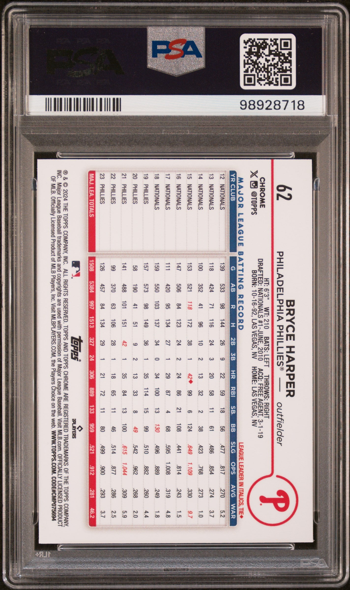 2024 Topps Chrome #62 Bryce Harper Aqua Lava Refractor PSA 10
