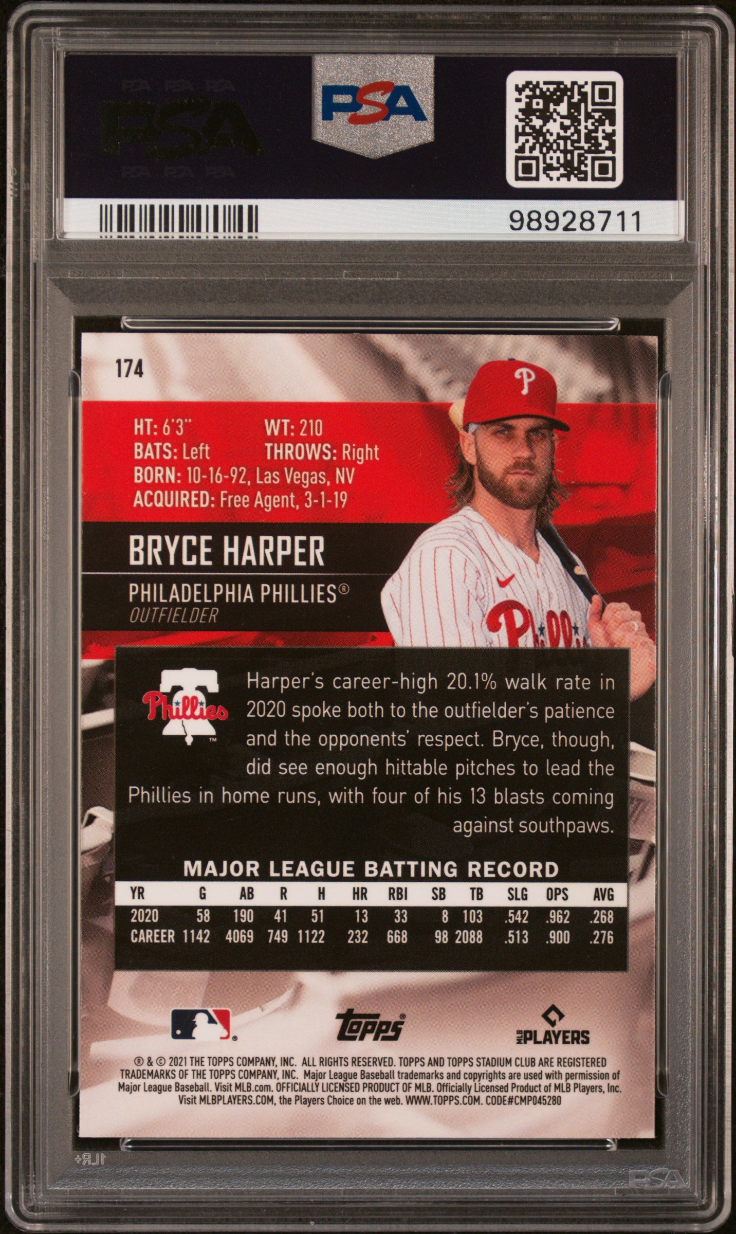 2021 Topps Stadium Club #174 Bryce Harper Chrome PSA 10