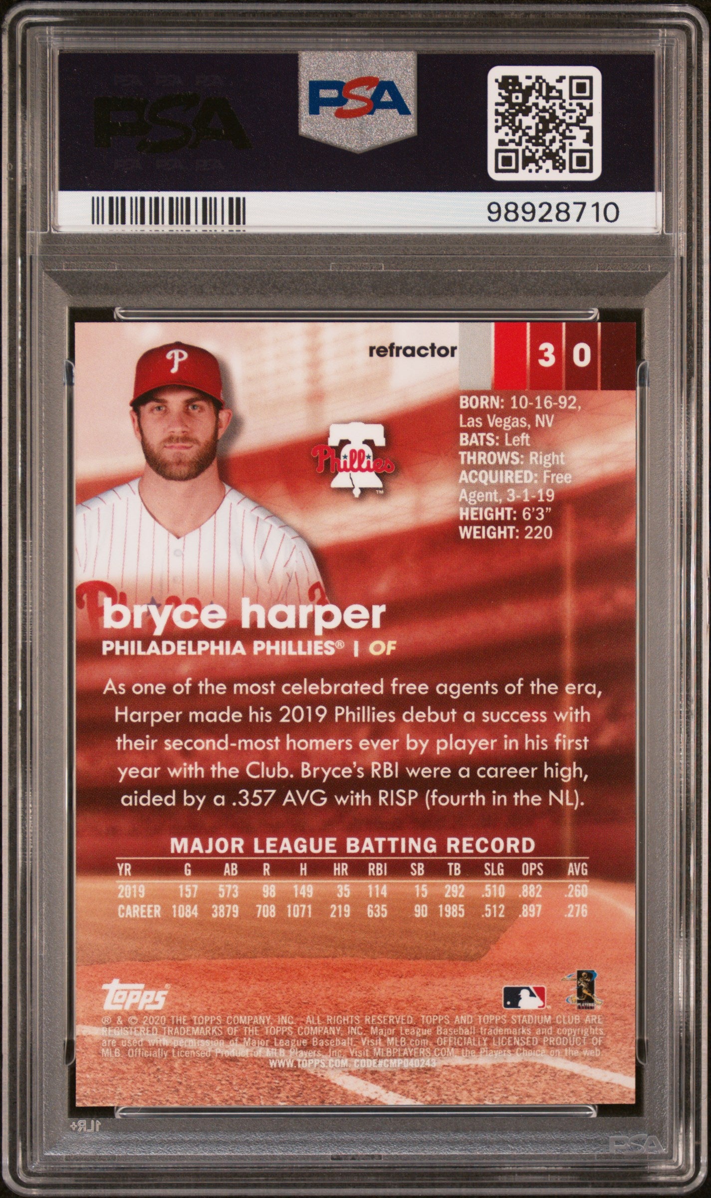 2020 Stadium Club Chrome #30 Bryce Harper Refractor PSA 10