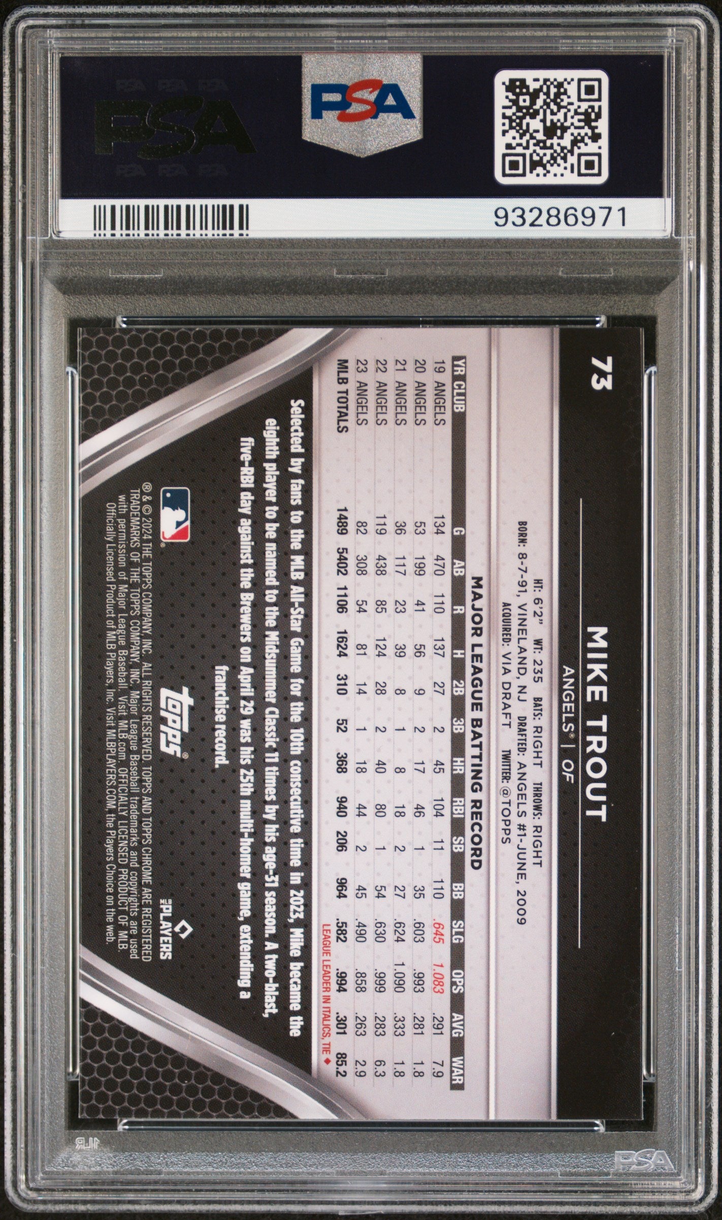 2024 Topps Chrome Black #73 Mike Trout PSA 10