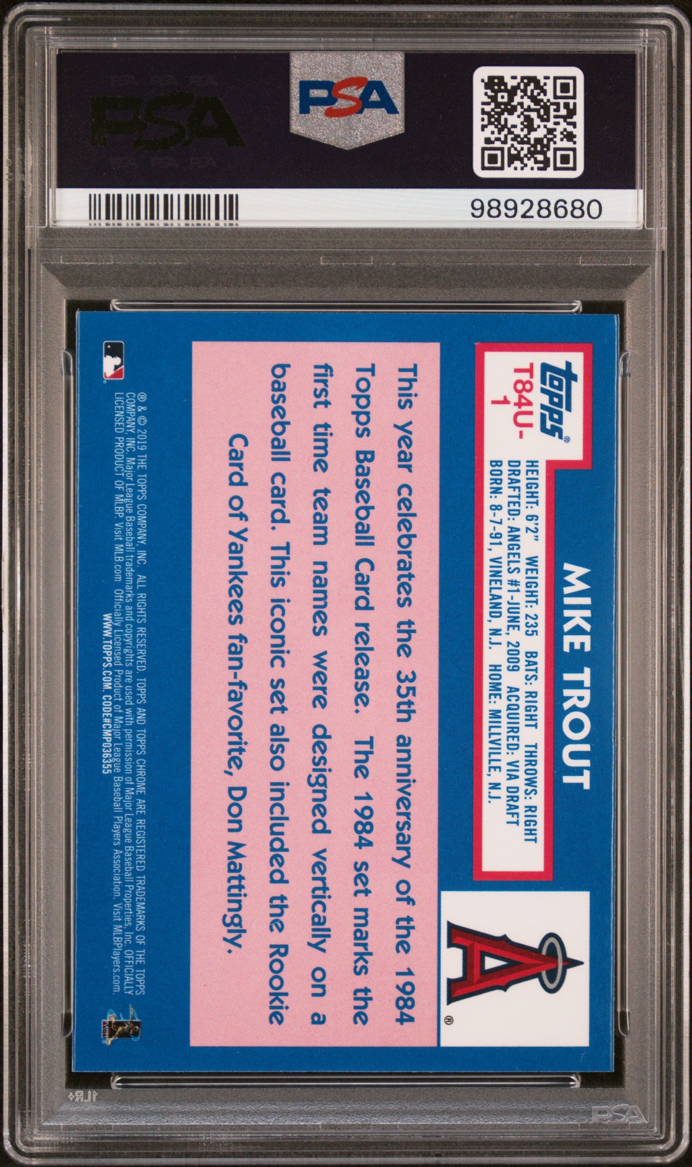 2019 Topps Silver Pack 1984 Chrome Promo #1 Mike Trout 1984 Chrome Promo PSA 10