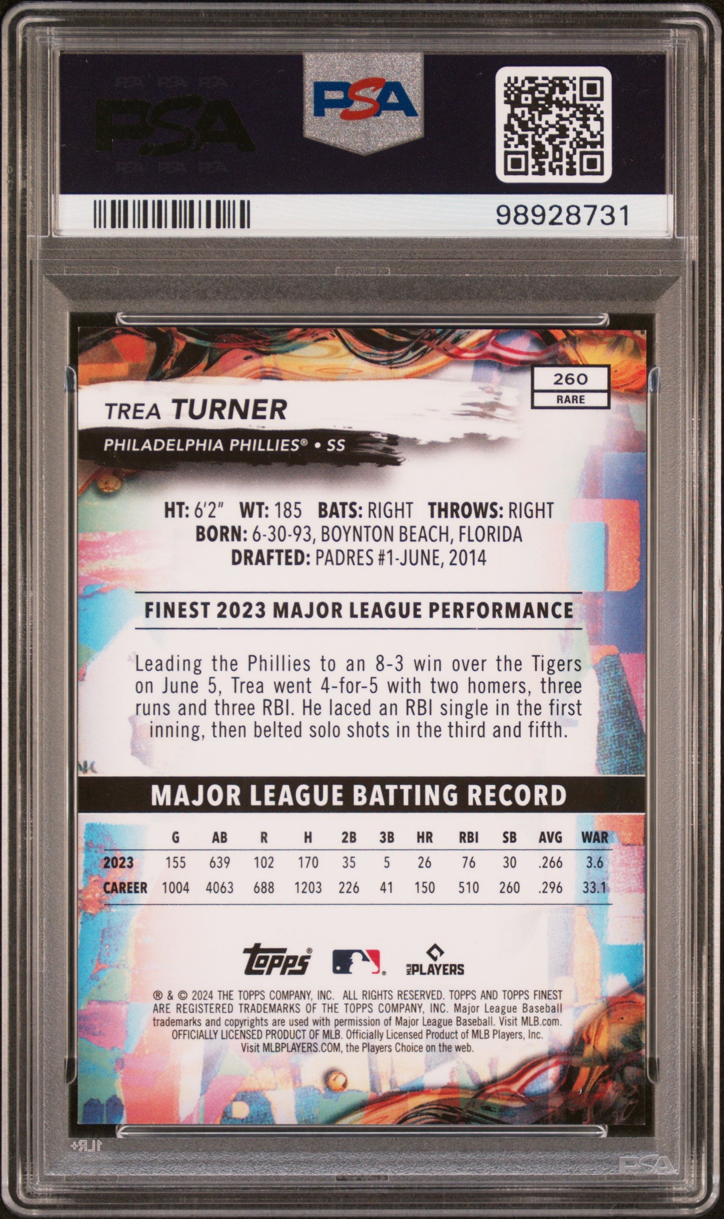 2024 Topps Finest #260 Trea Turner Sky Blue Refractor PSA 10
