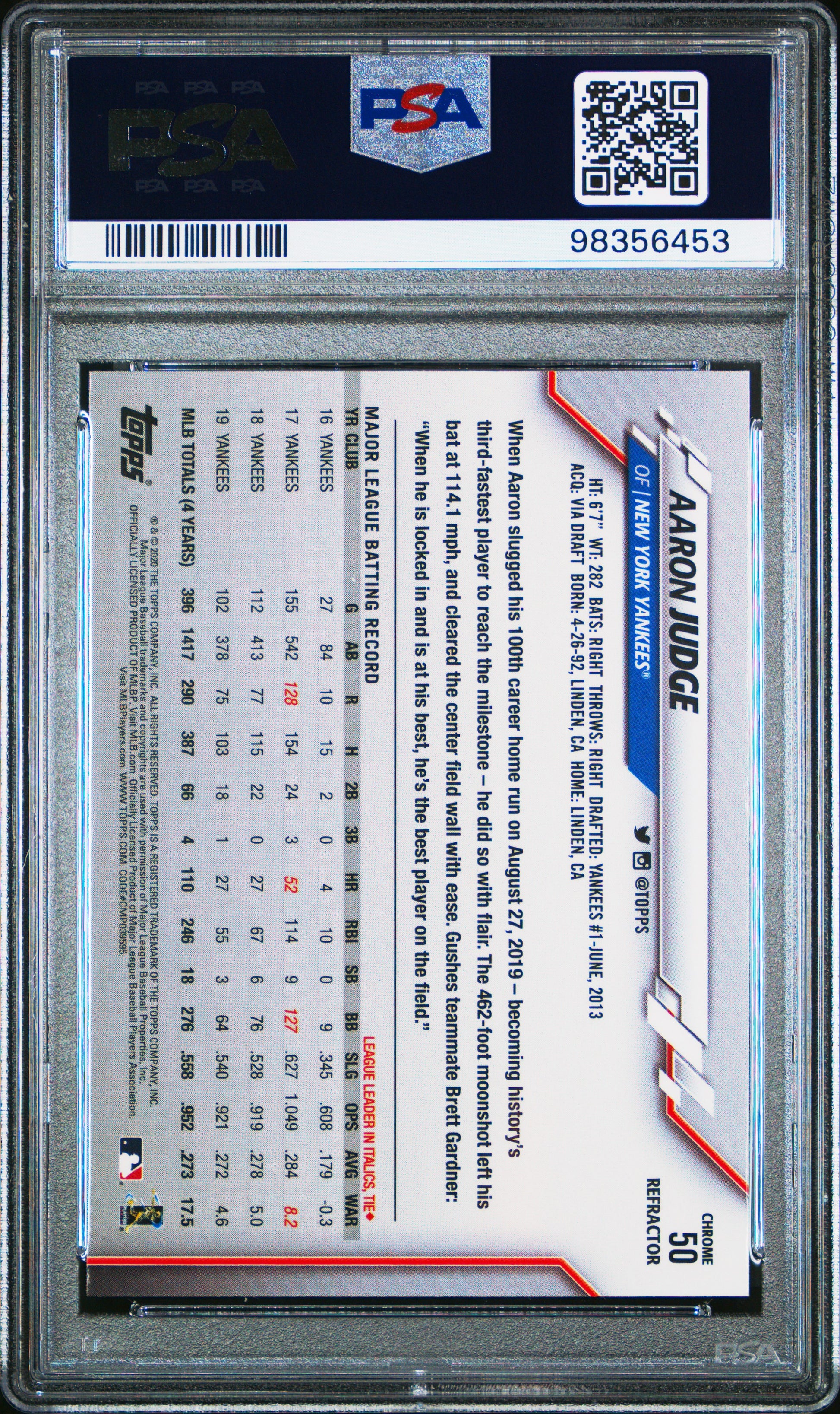 2020 Topps Chrome #50 Aaron Judge Sepia Refractor PSA 10
