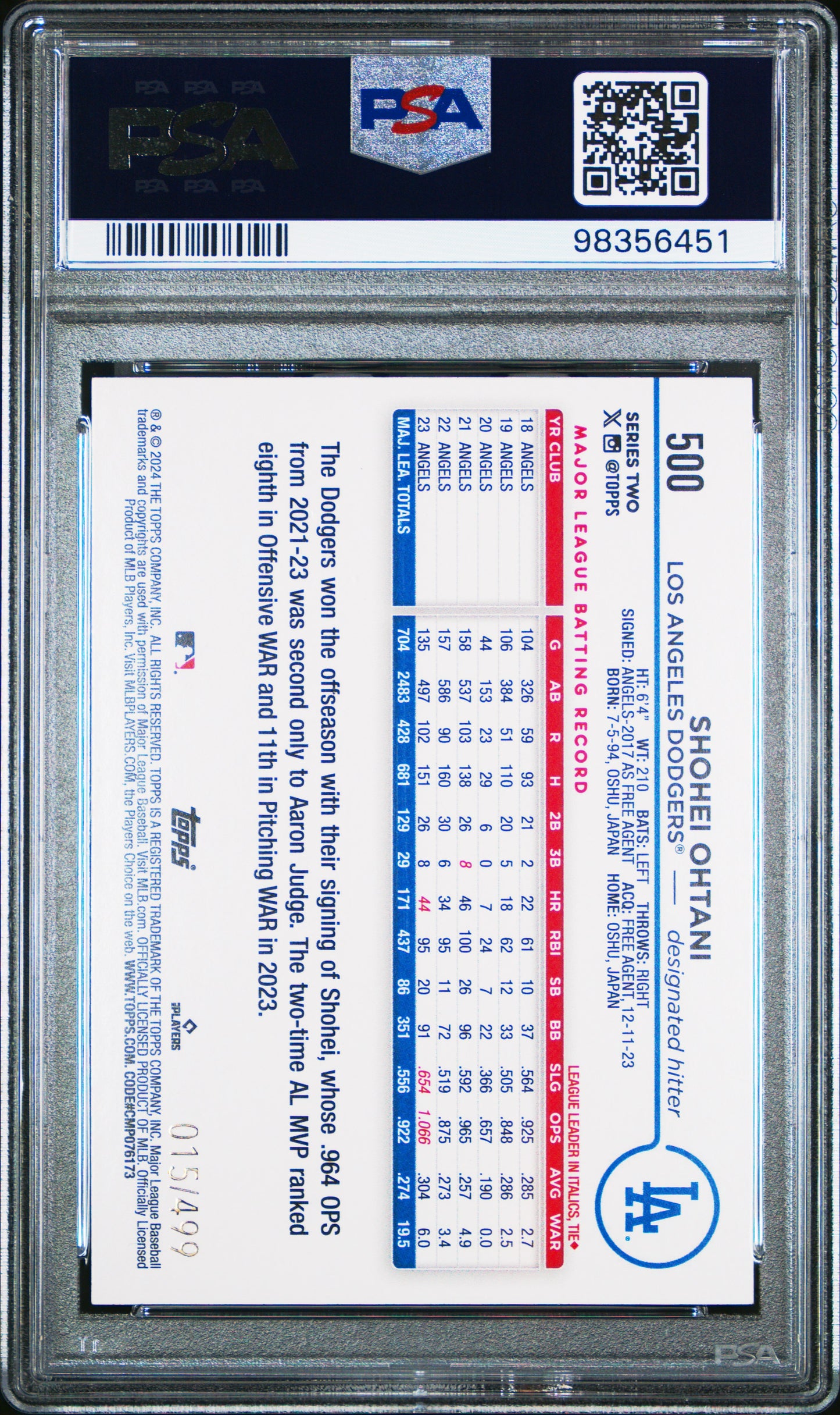 2024 Topps #500 Shohei Ohtani Green Foil PSA 10