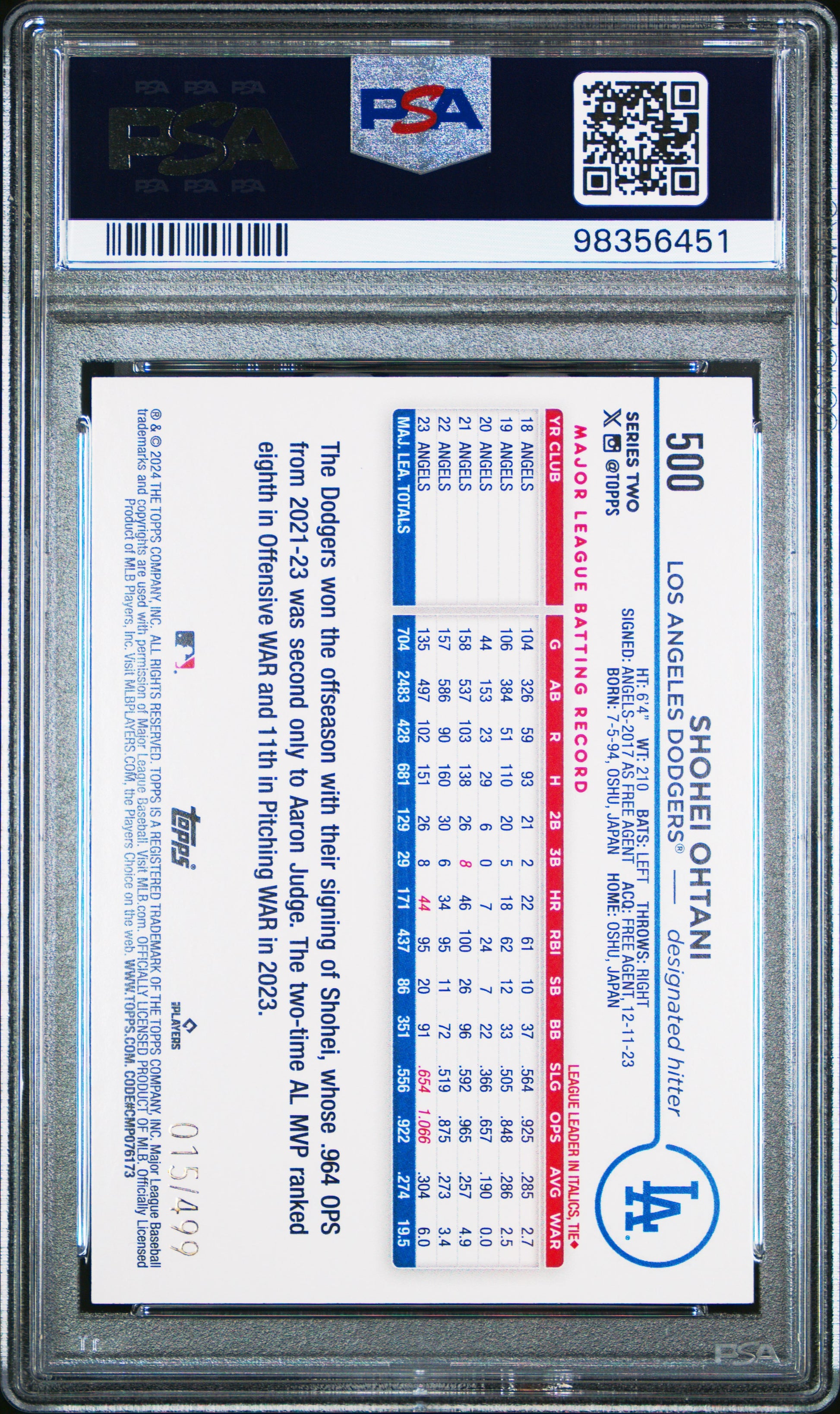 2024 Topps #500 Shohei Ohtani Green Foil PSA 10