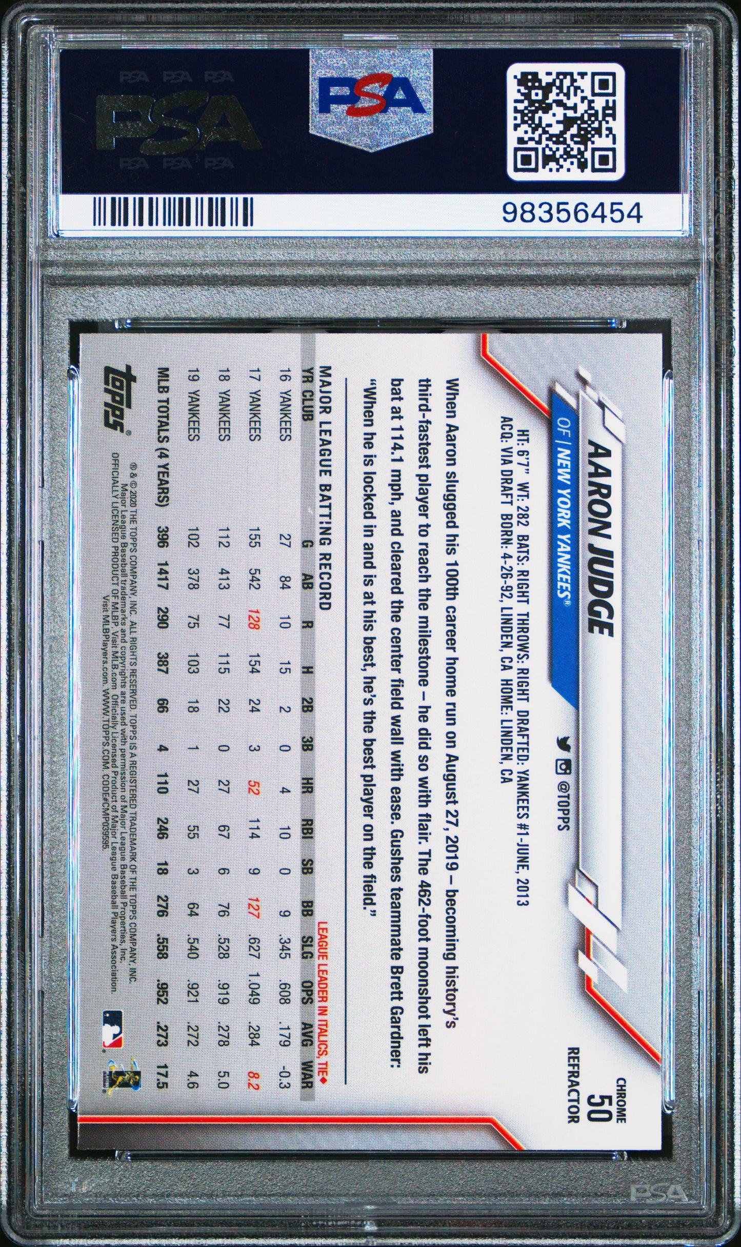 2020 Topps Chrome #50 Aaron Judge Sepia Refractor PSA 10