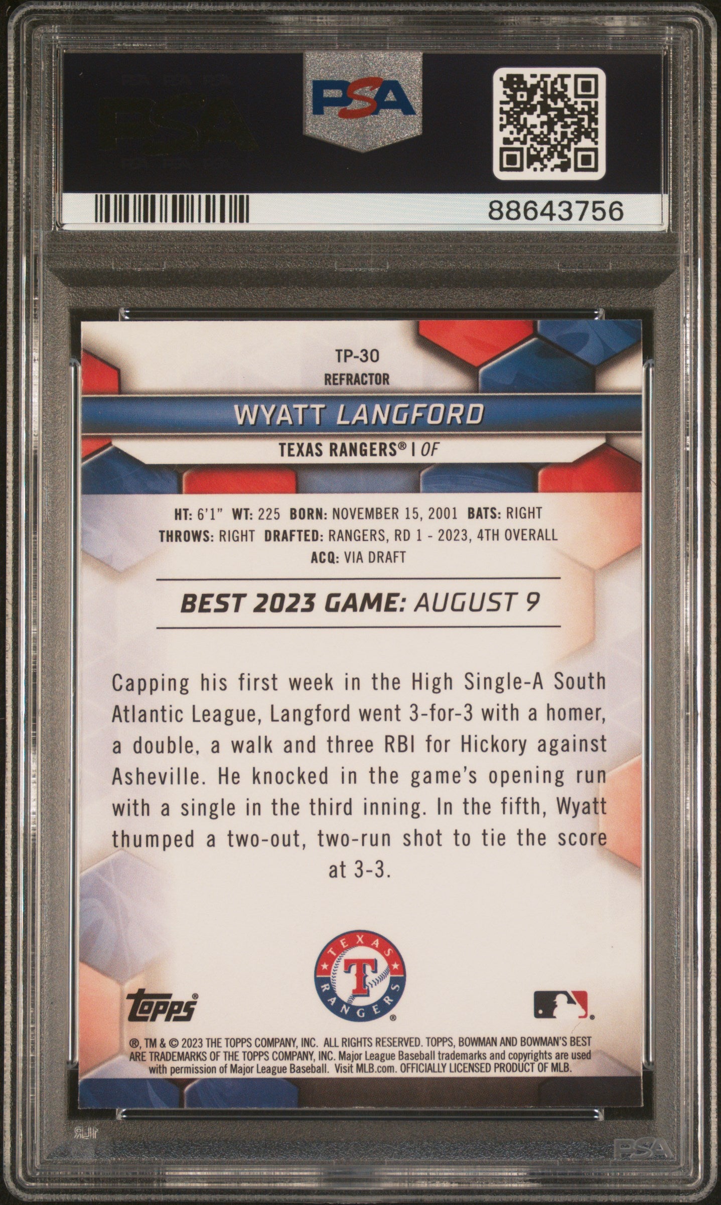 2023 Bowman'S Best Top Prospects #TP30 Wyatt Langford-Refractor PSA 10
