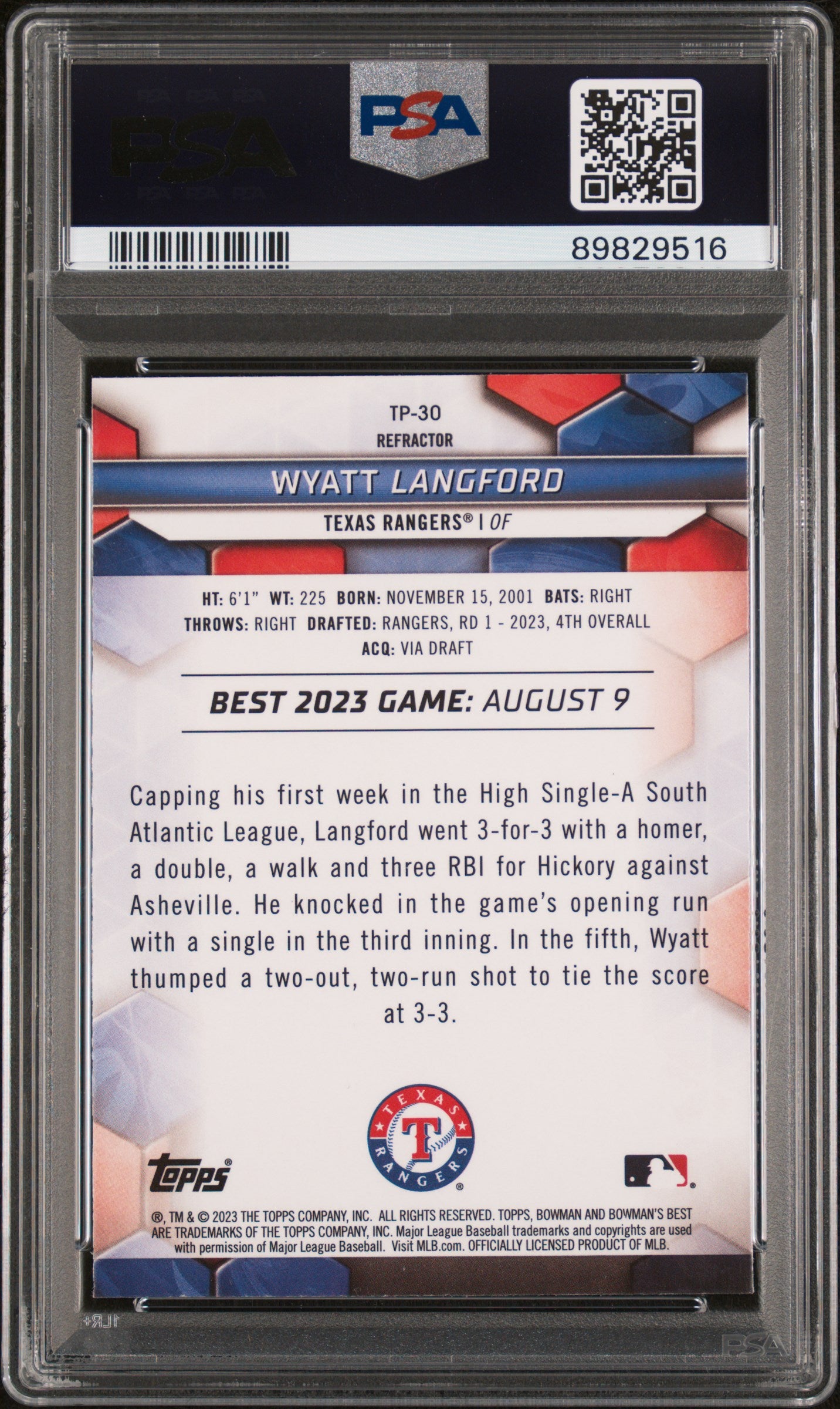 2023 Bowman'S Best Top Prospects #TP30 Wyatt Langford-Refractor PSA 10