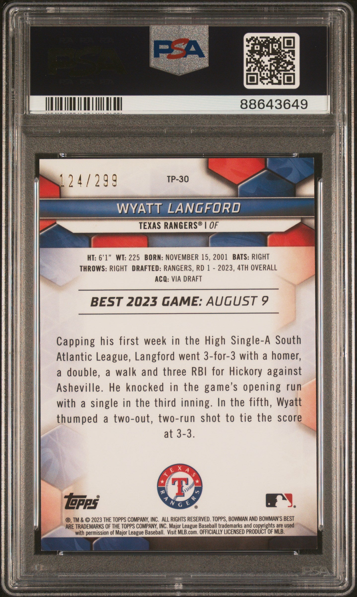 2023 Bowman'S Best #TP30 Wyatt Langford Diamond/199 Ref PSA 10