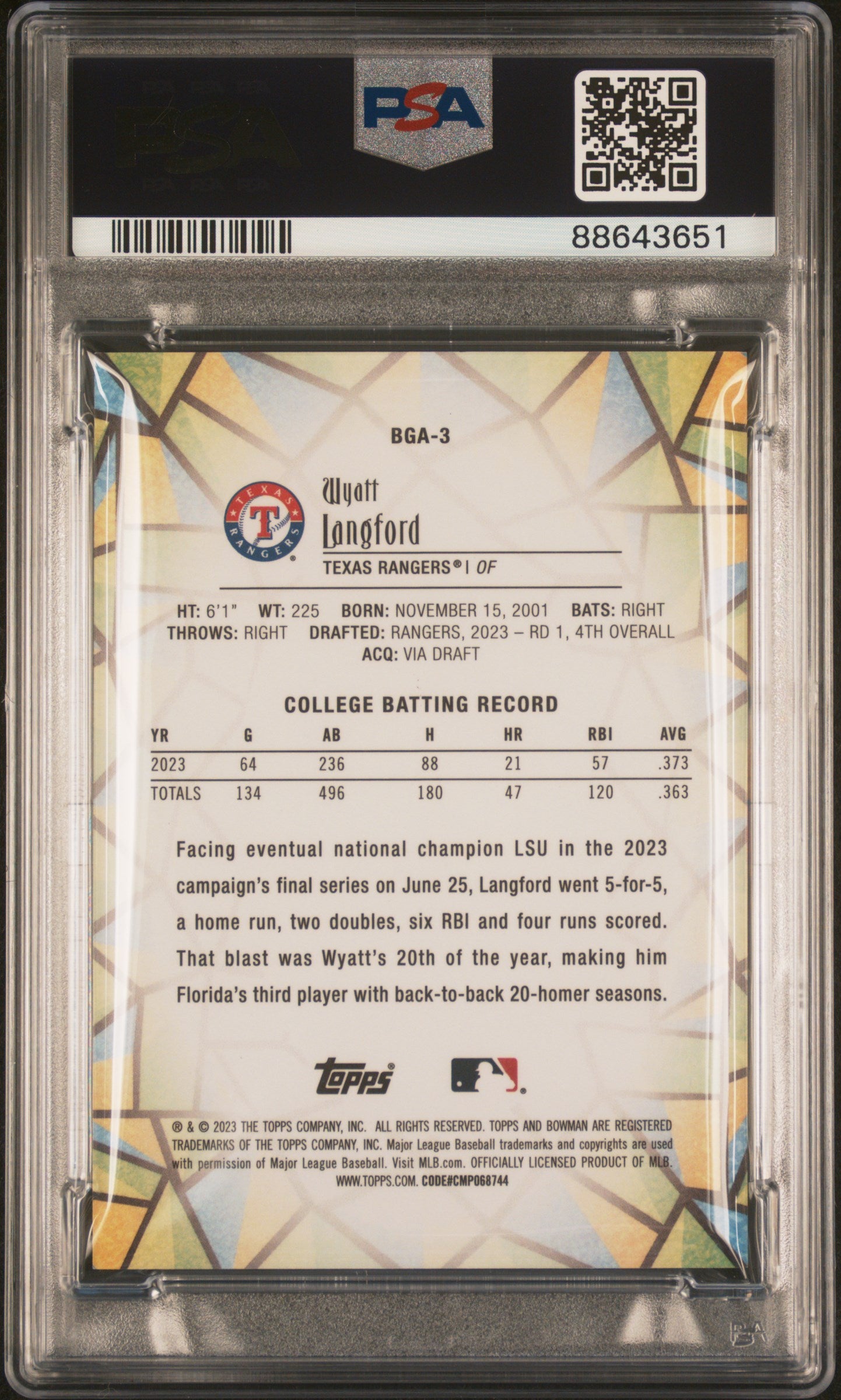 2023 Bowman Draft Bowman Glass #BGA3 Wyatt Langford PSA 10