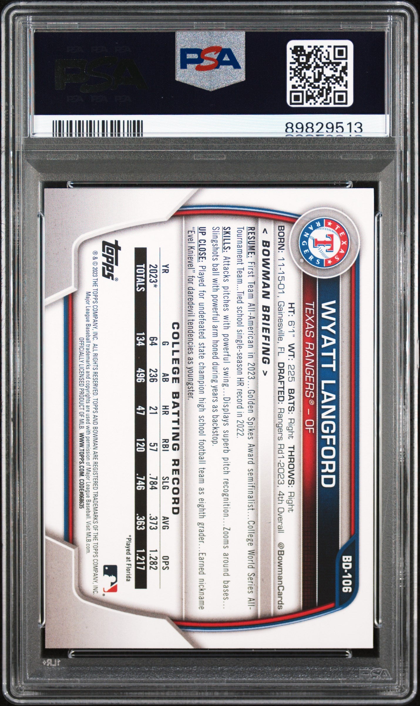 2023 Bowman Draft #BD106 Wyatt Langford PSA 10
