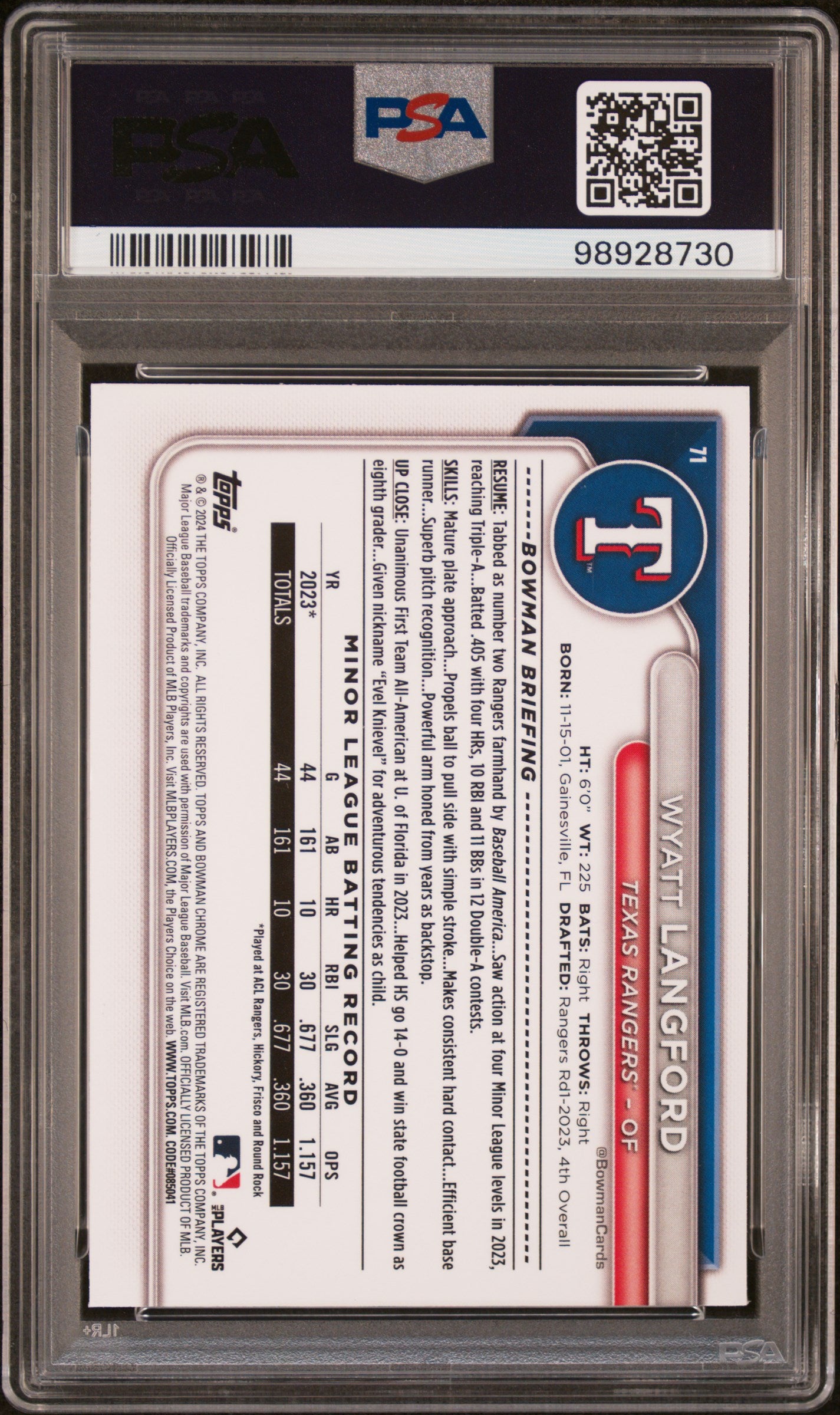 2024 Bowman Chrome #71 Wyatt Langford PSA 10