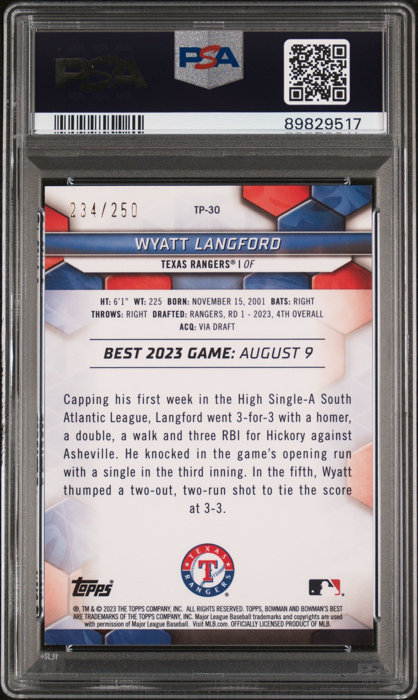 2023 Bowman'S Best Top Prospects #TP30 Wyatt Langford-Purple/259  PSA 9