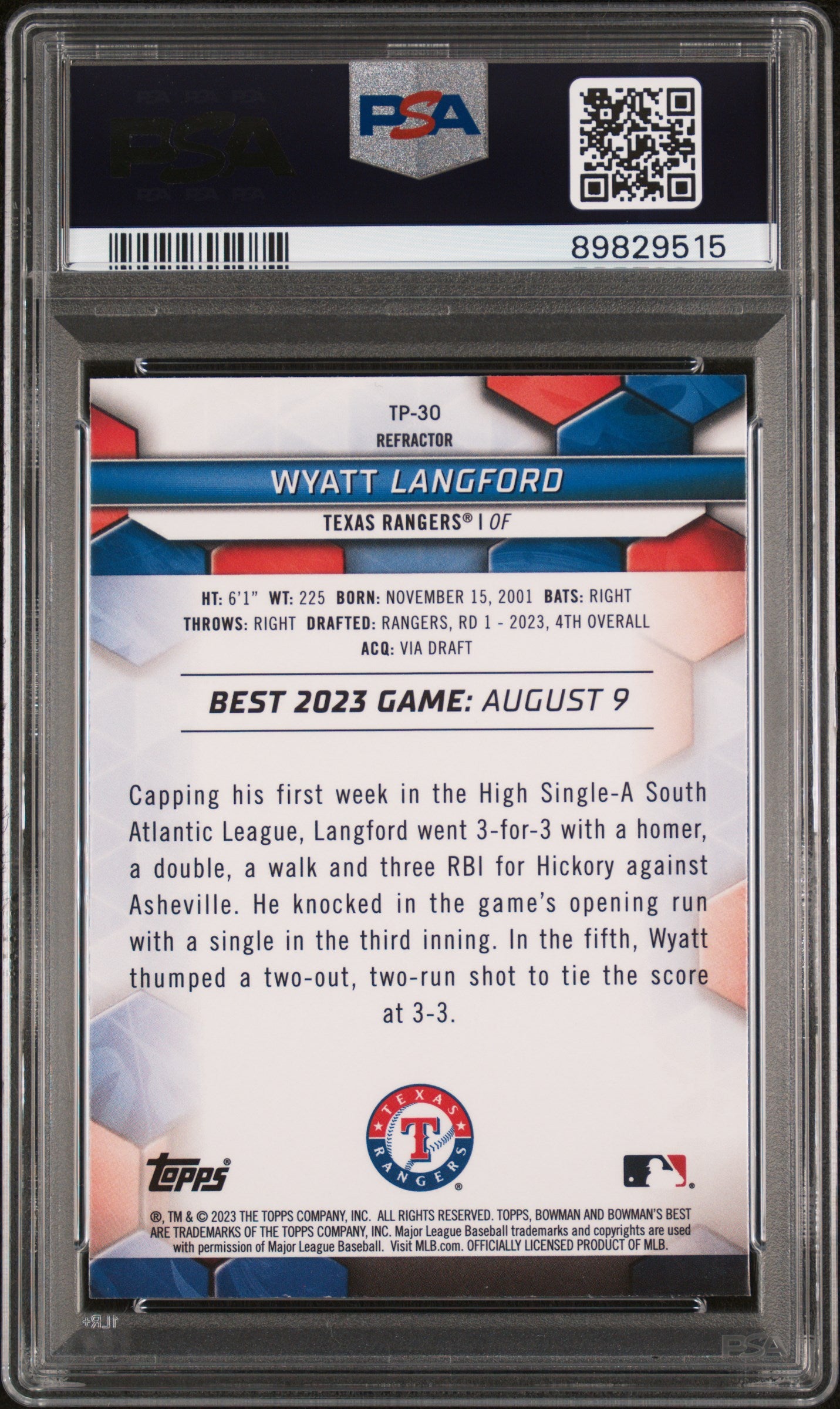 2023 Bowman'S Best Top Prospects #TP30 Wyatt Langford-Refractor PSA 10