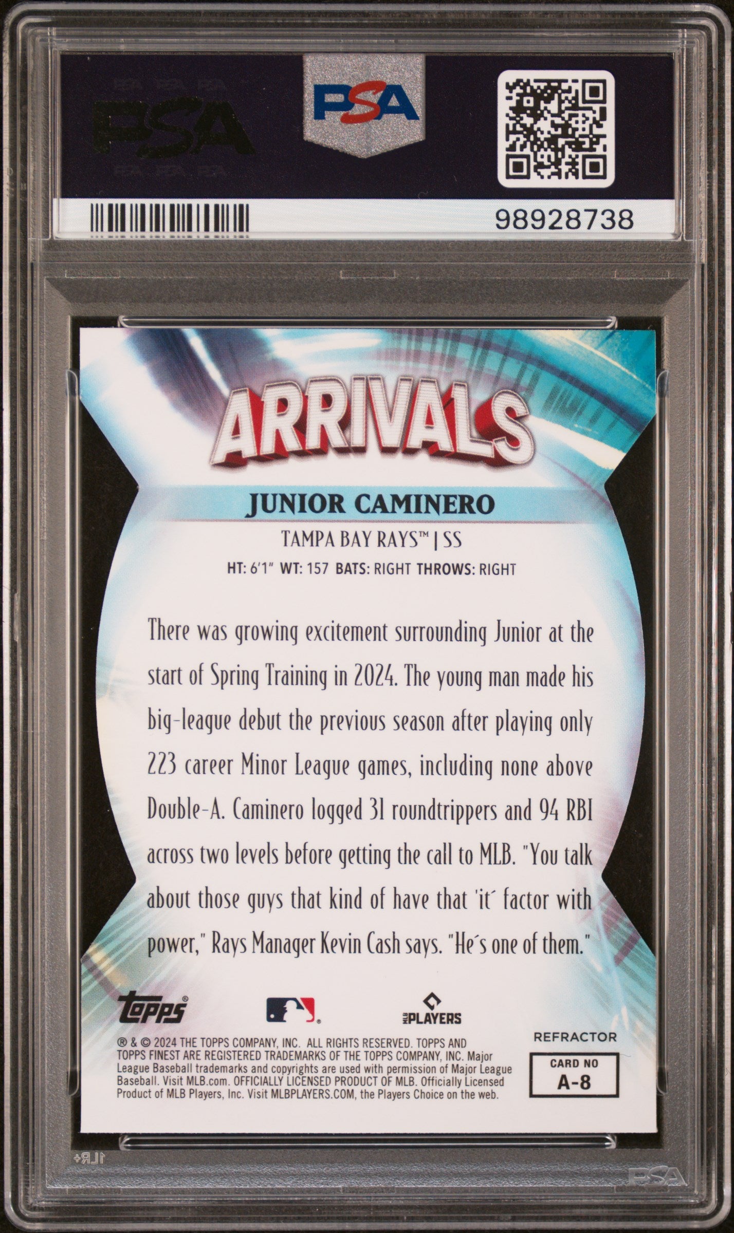 2024 Topps Finest Arrivals #A8 Junior Caminero Arrivals-Refractor PSA 9