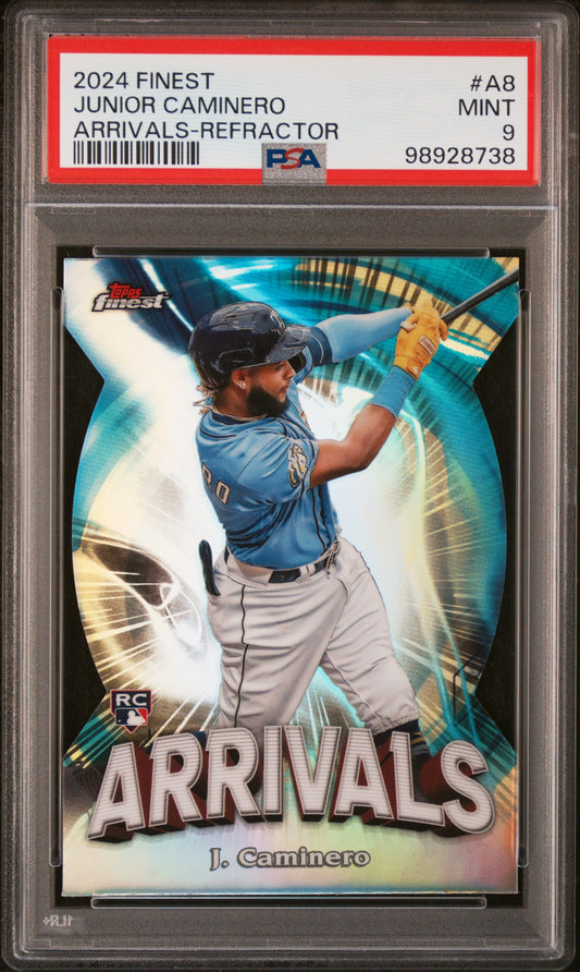 2024 Topps Finest Arrivals #A8 Junior Caminero Arrivals-Refractor PSA 9