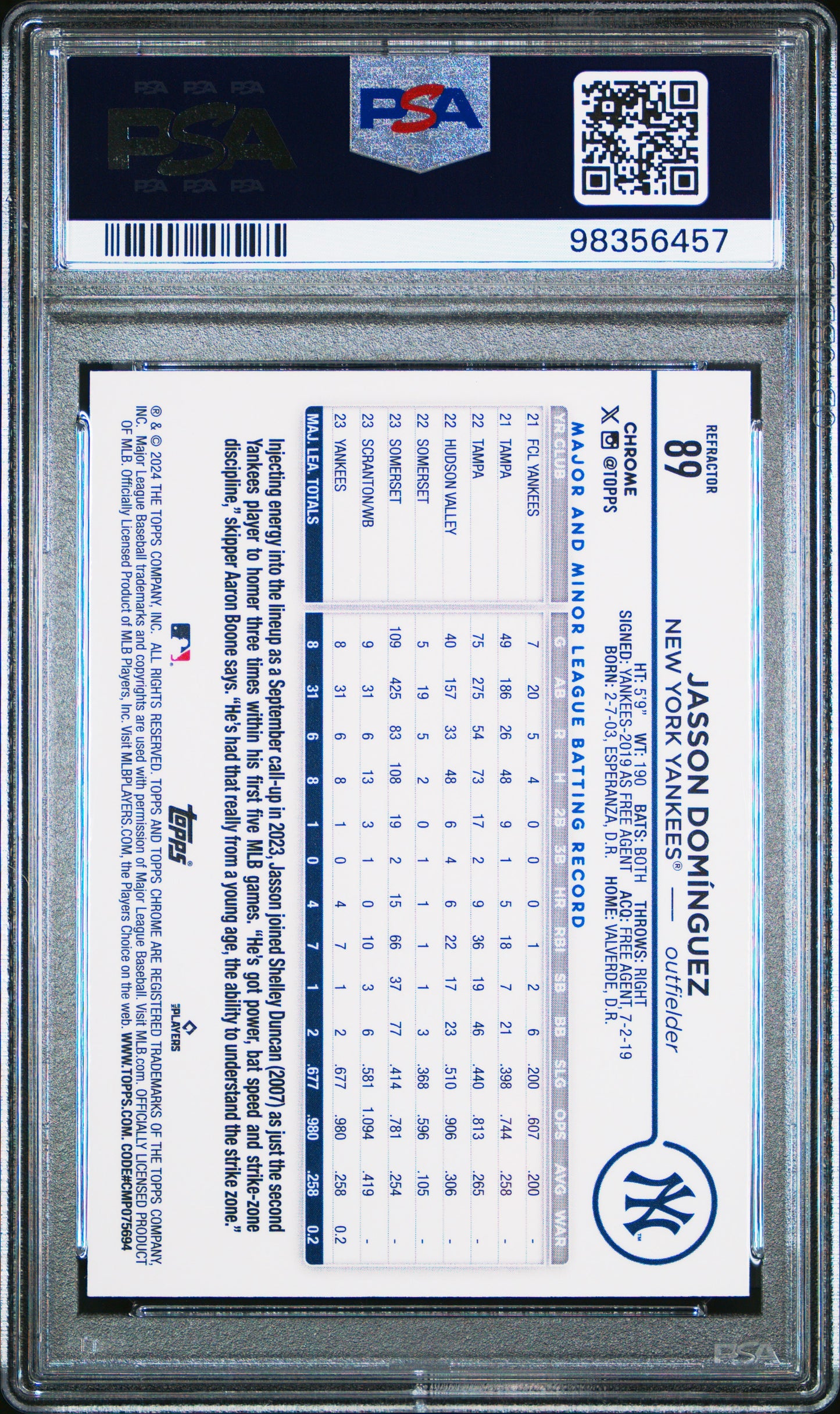 2024 Topps Chrome #89 Jasson Dominguez Refractor PSA 9