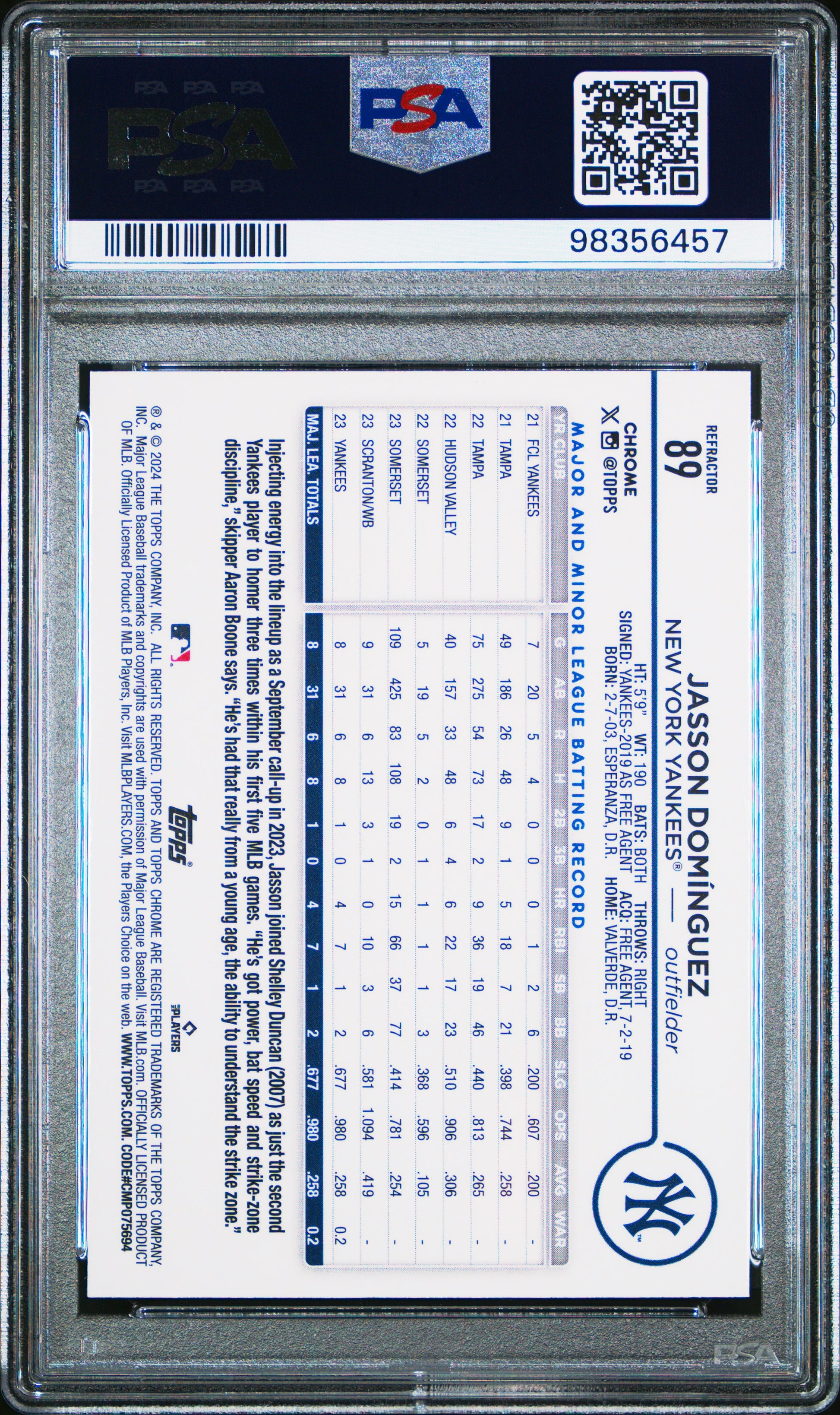 2024 Topps Chrome #89 Jasson Dominguez Refractor PSA 9