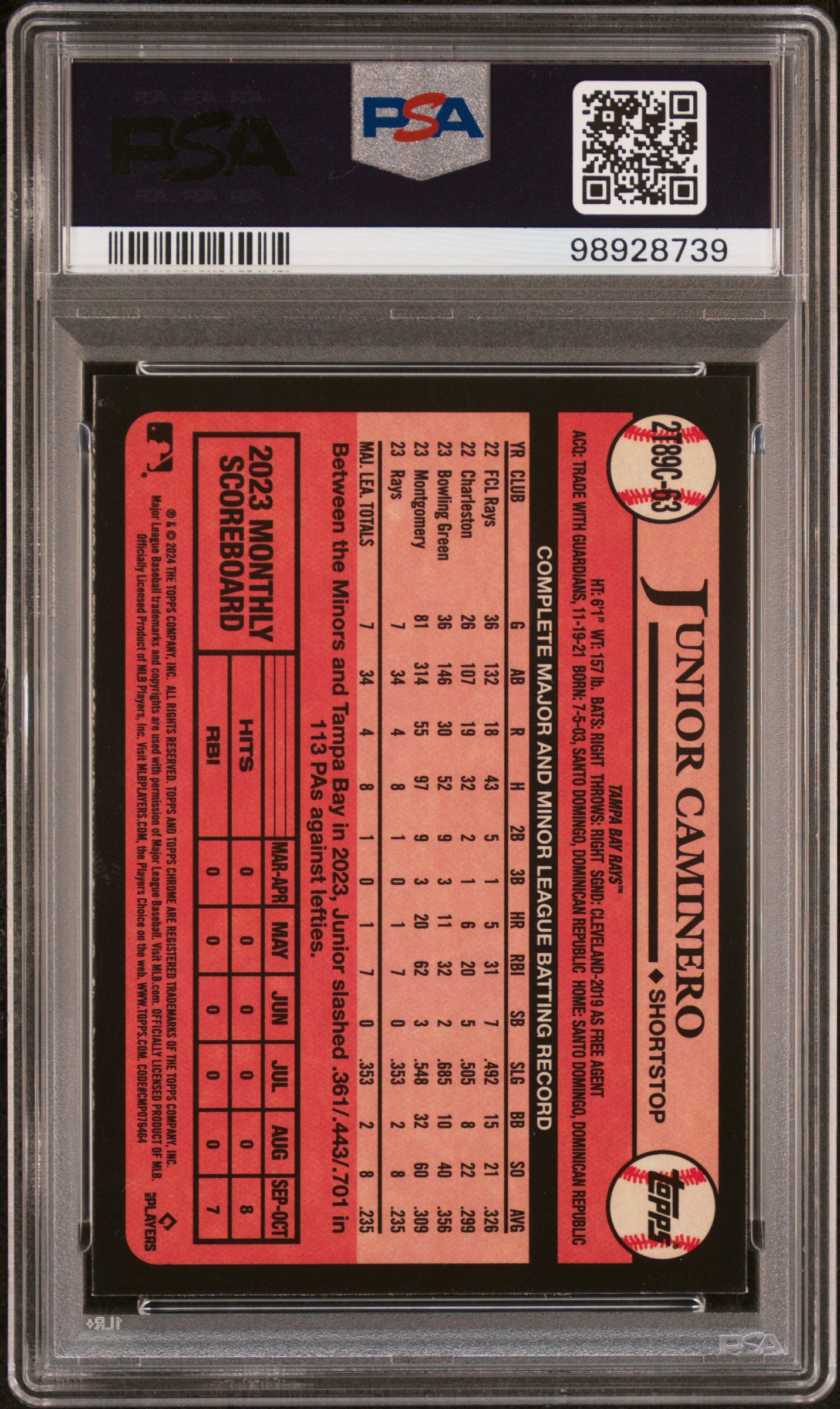 2024 Topps Silver Pack 1989 Chrome Promo #63 Junior Caminero PSA 9