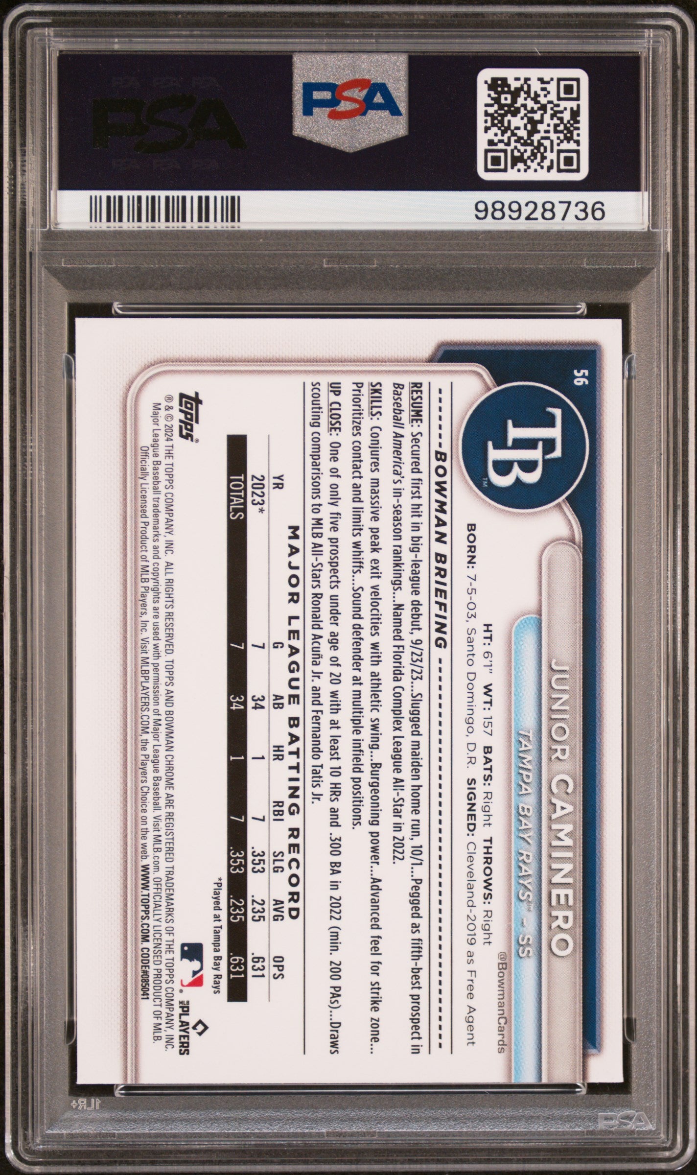 2024 Bowman Chrome #56 Junior Caminero PSA 9