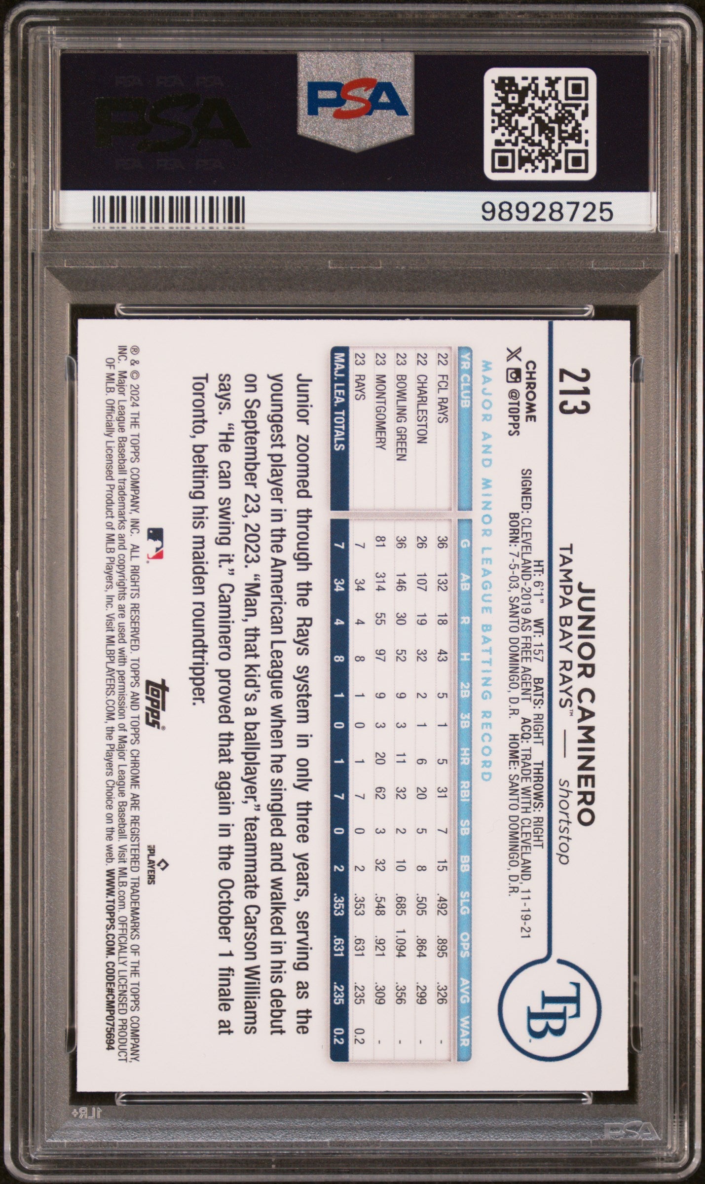 2024 Topps Chrome #213 Junior Caminero Sepia Refractor PSA 9
