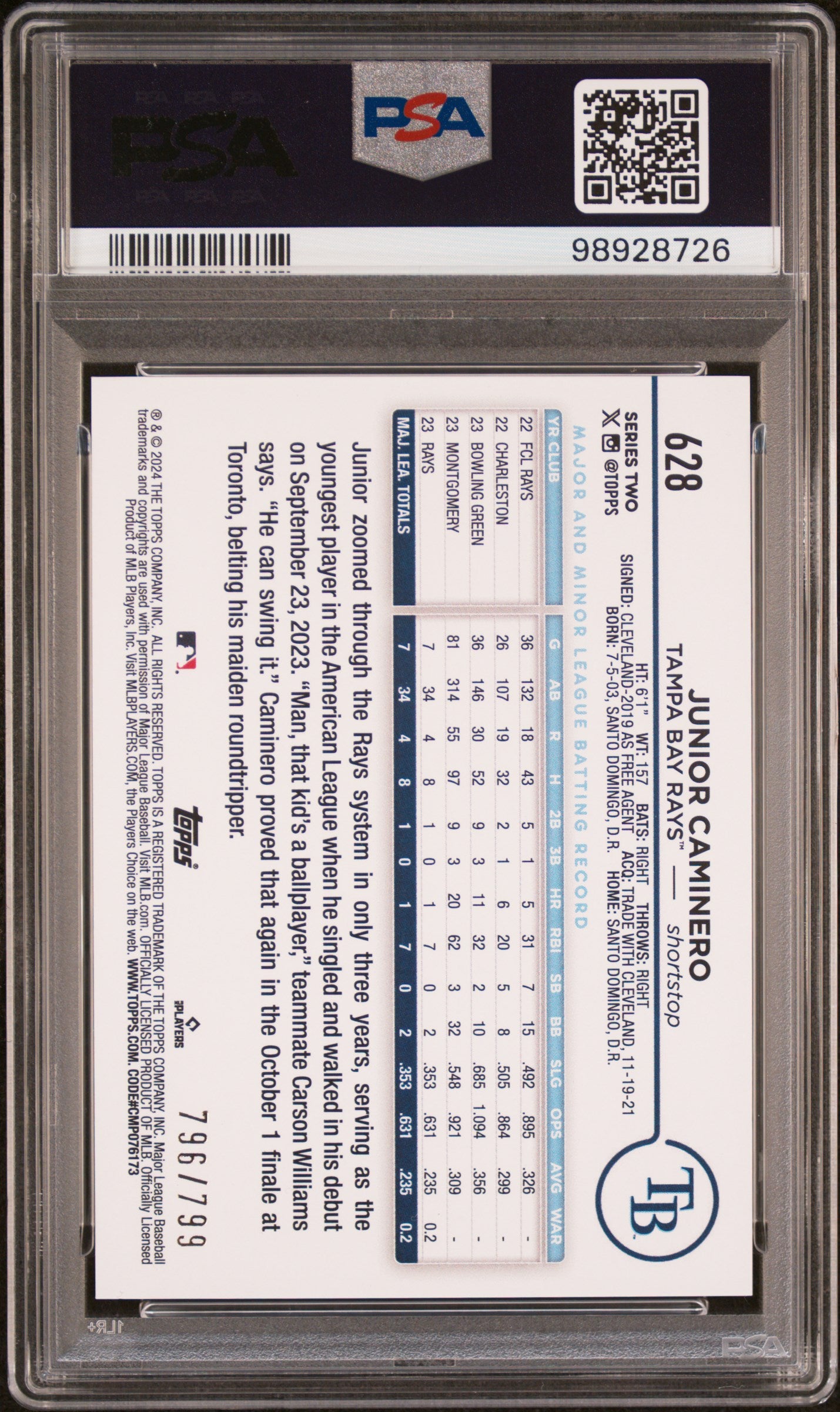 2024 Topps #628 Junior Caminero Purple Foil/799 PSA 10