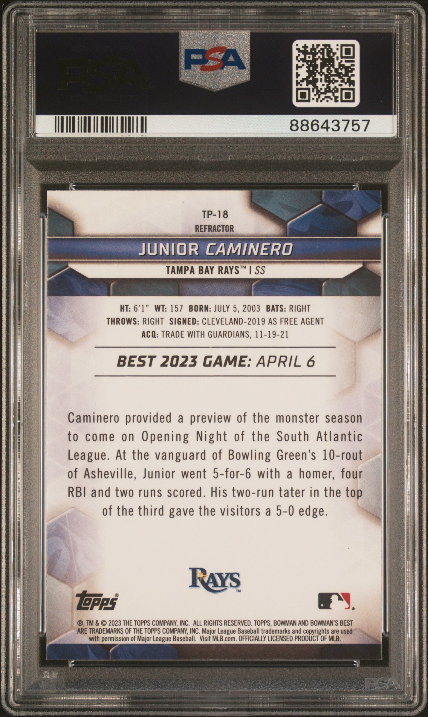 2023 Bowman'S Best Top Prospects #TP18 Junior Caminero-Refractor PSA 10
