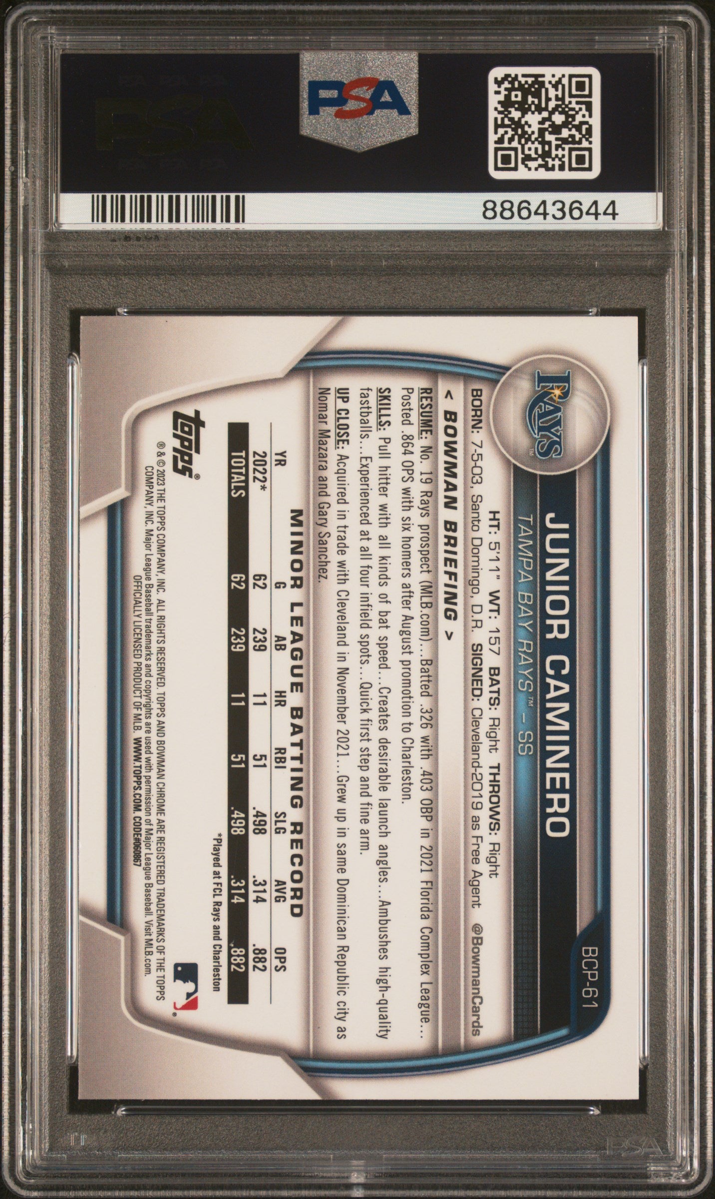 2023 Bowman Mega Box Chrome #61 Junior Caminero Chrome PSA 10
