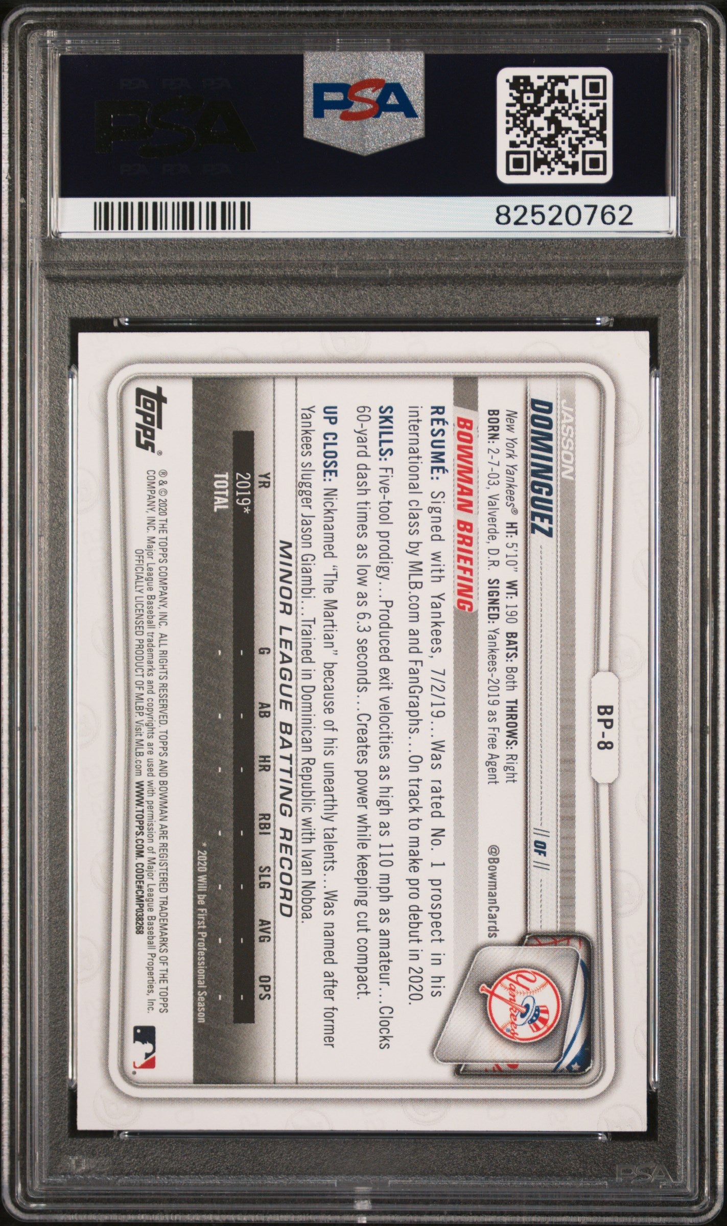 2020 Bowman Paper Prospects #BP8 Jasson Dominguez Paper Prospects PSA 10