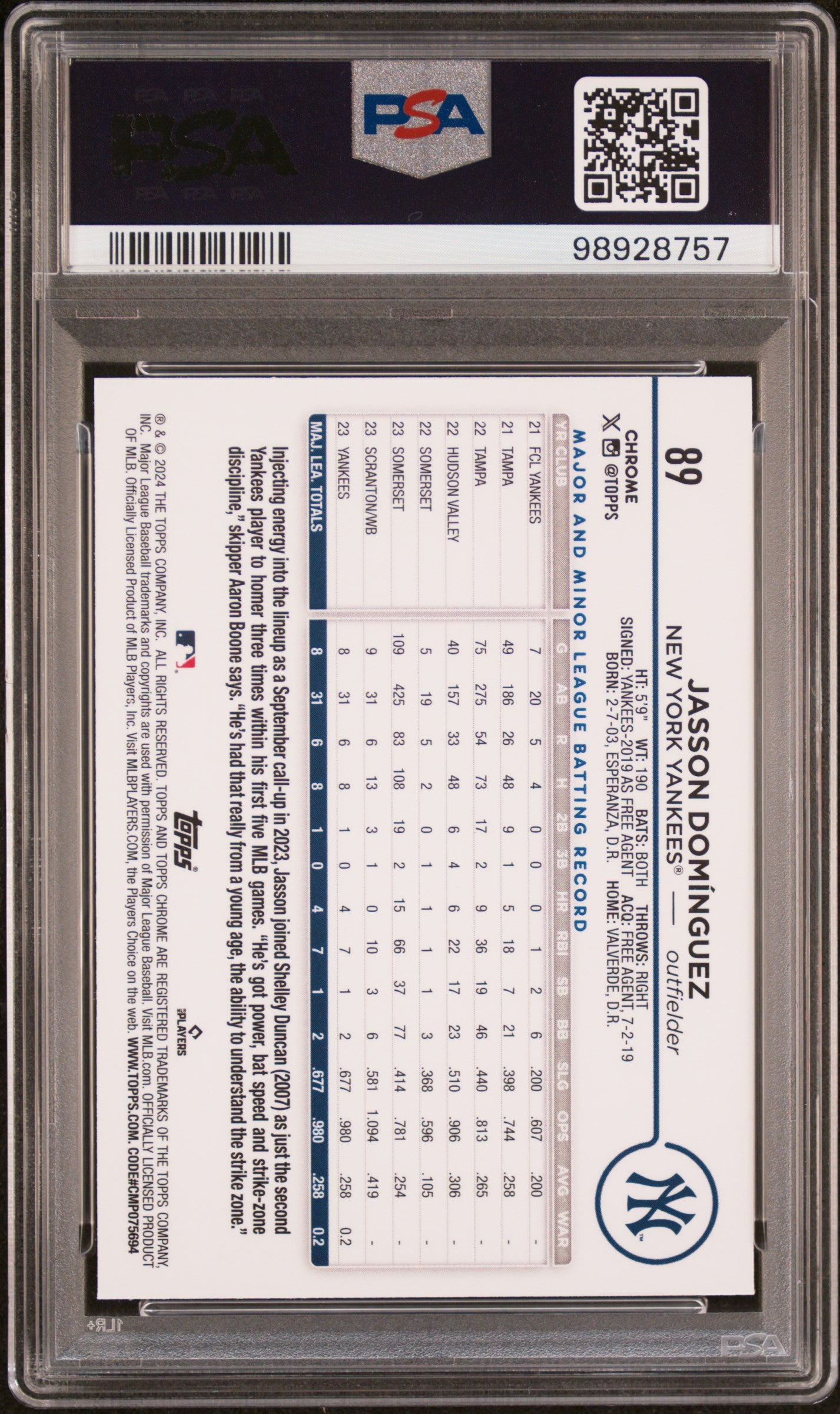 2024 Topps Chrome #89 Jasson Dominguez PSA 10