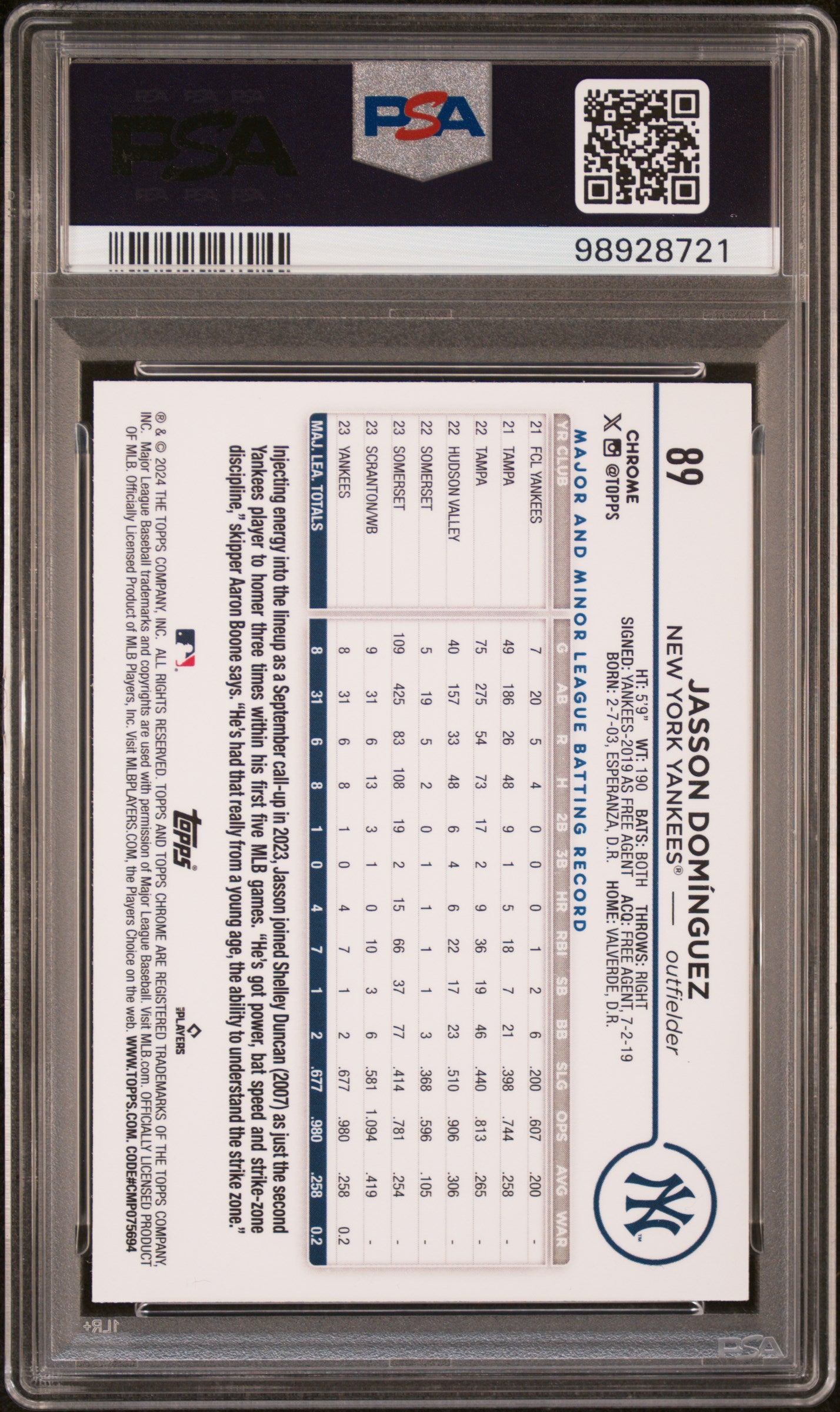 2024 Topps Chrome #89 Jasson Dominguez Sepia Refractor PSA 9