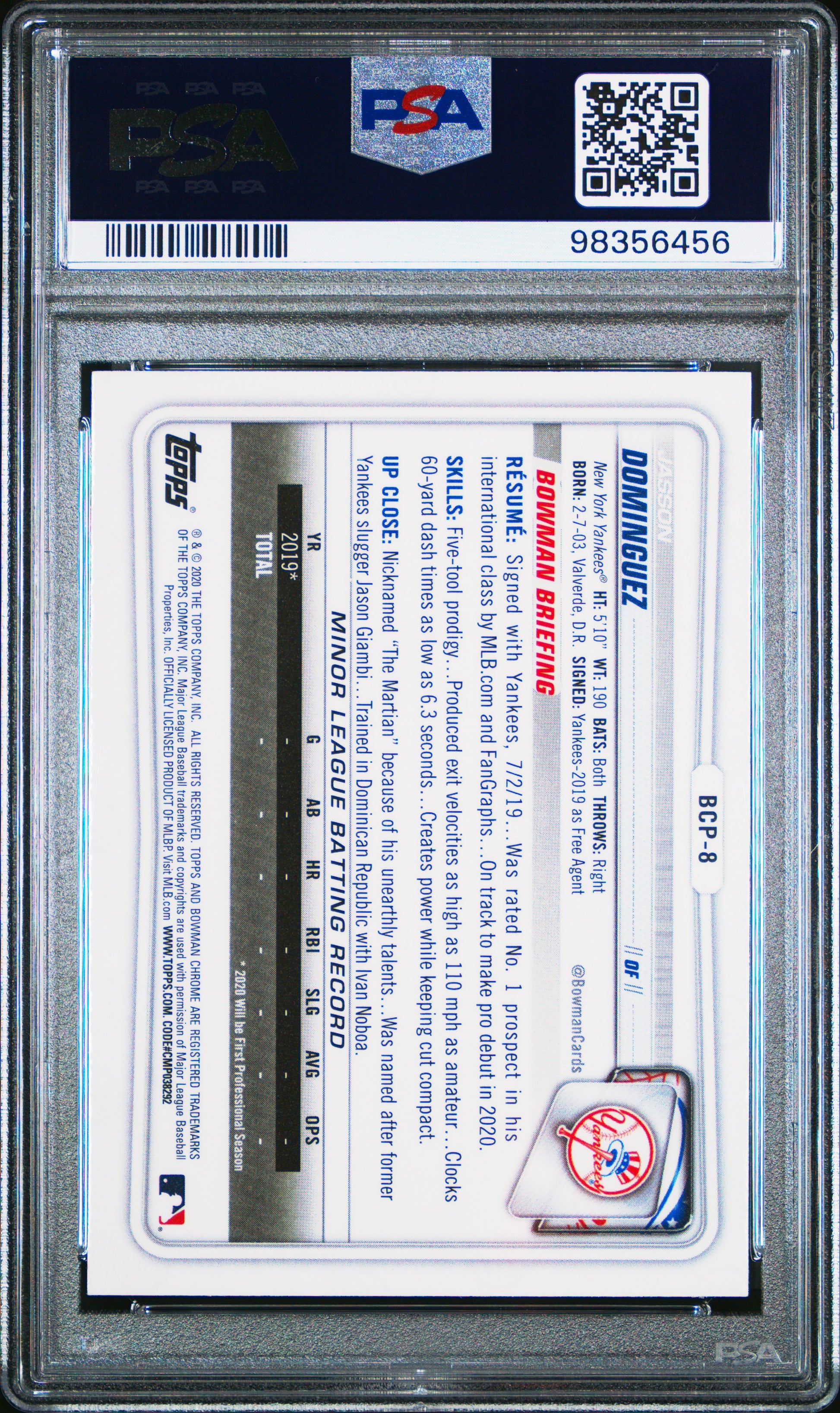 2020 Bowman Chrome Prospects #BCP8 Jasson Dominguez Prospects PSA 10