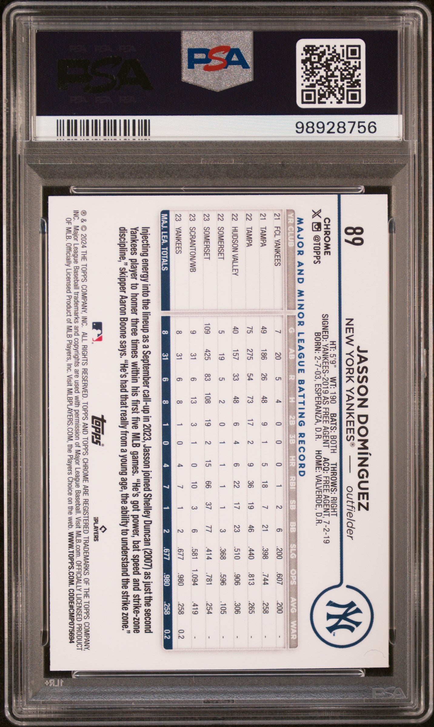 2024 Topps Chrome #89 Jasson Dominguez PSA 9