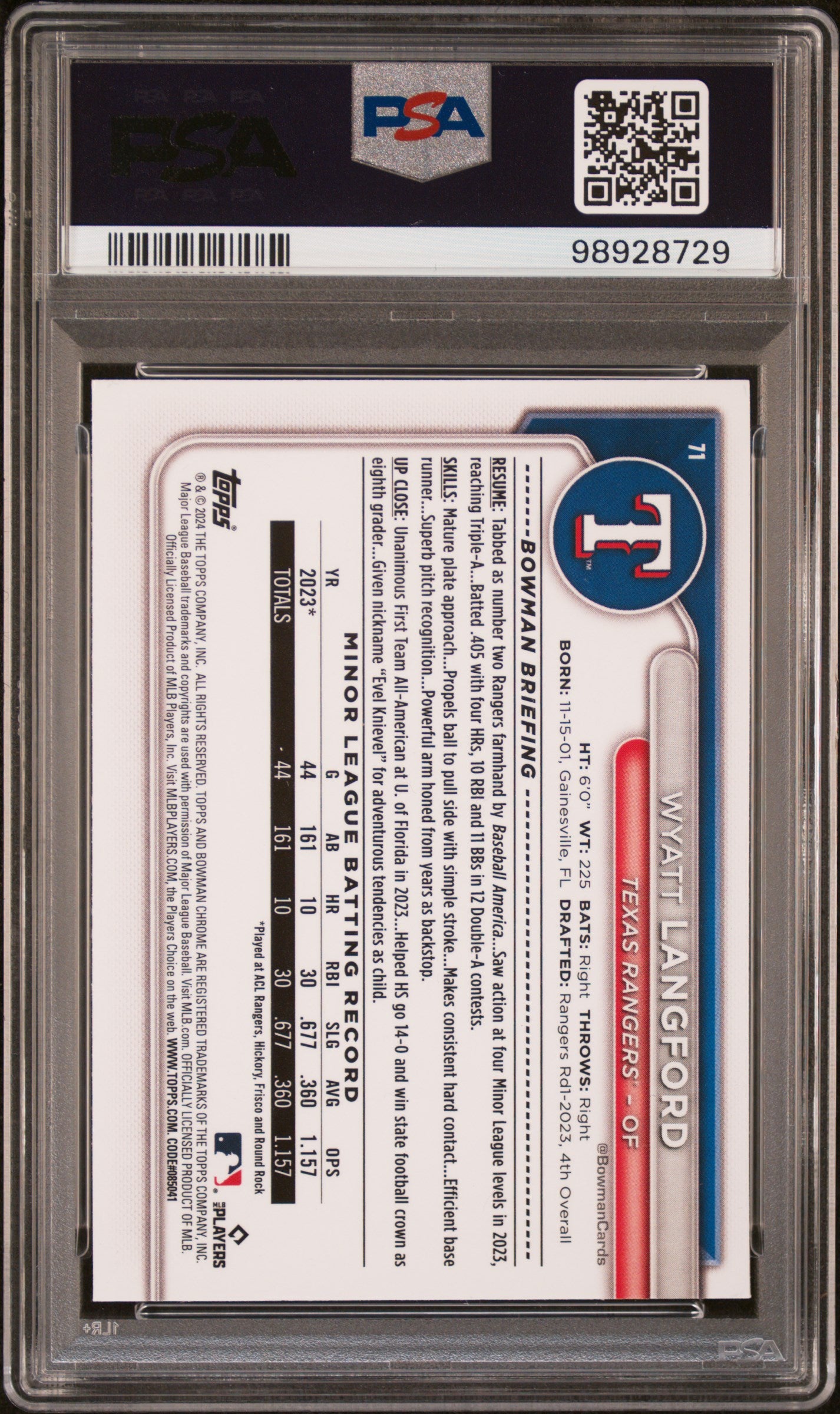 2024 Bowman Chrome #71 Wyatt Langford PSA 10
