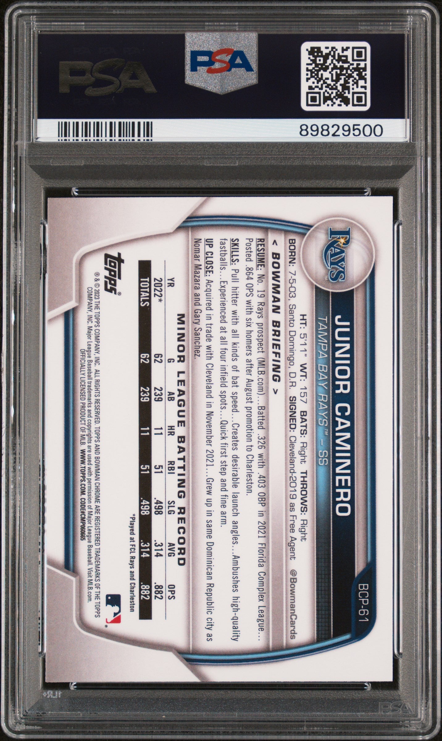 2023 Bowman Chrome Prospects #BCP61 Junior Caminero Chrome Prospects PSA 10