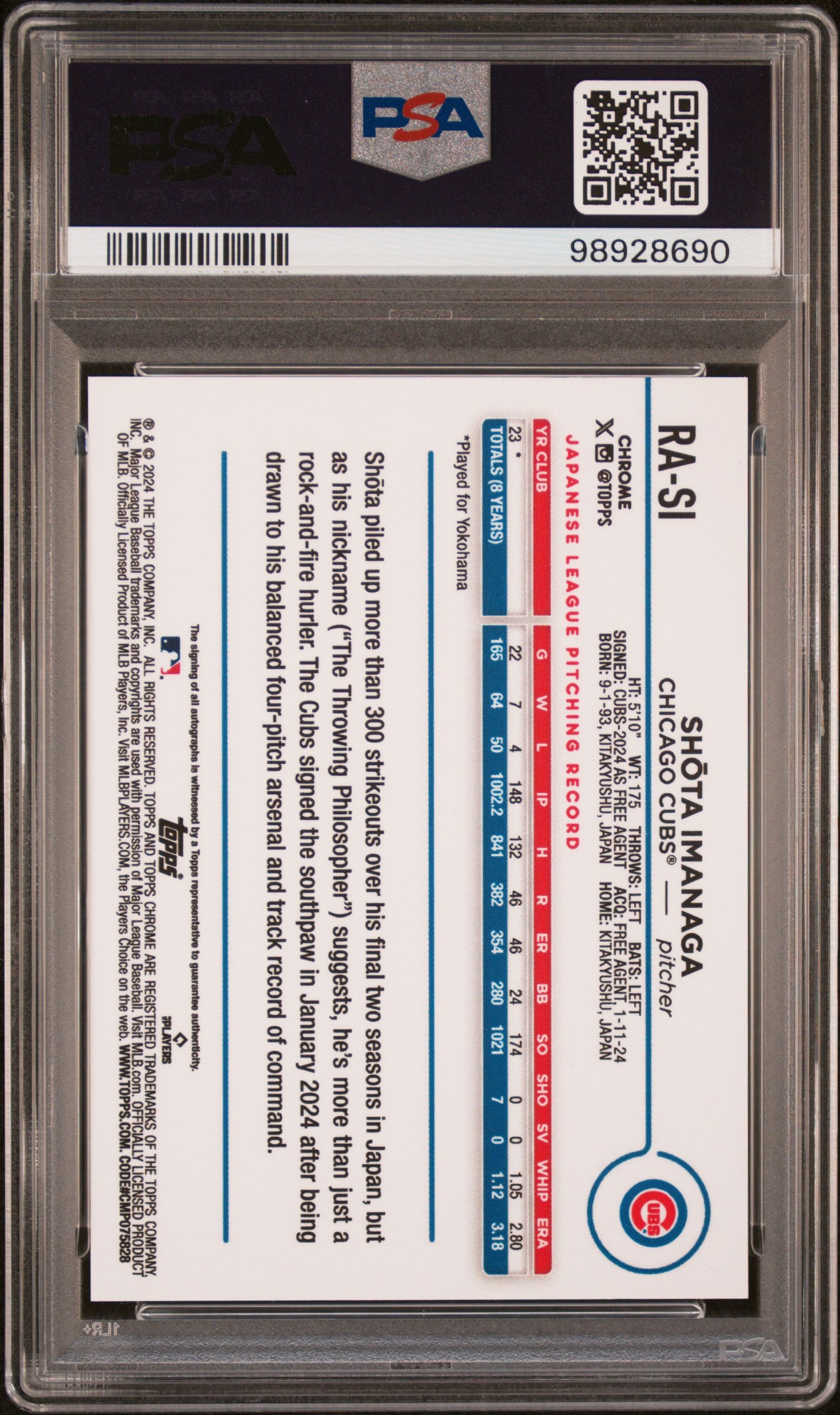 2024 Topps Chrome Rookie Autographs #RASI Shota Imanaga PSA 10