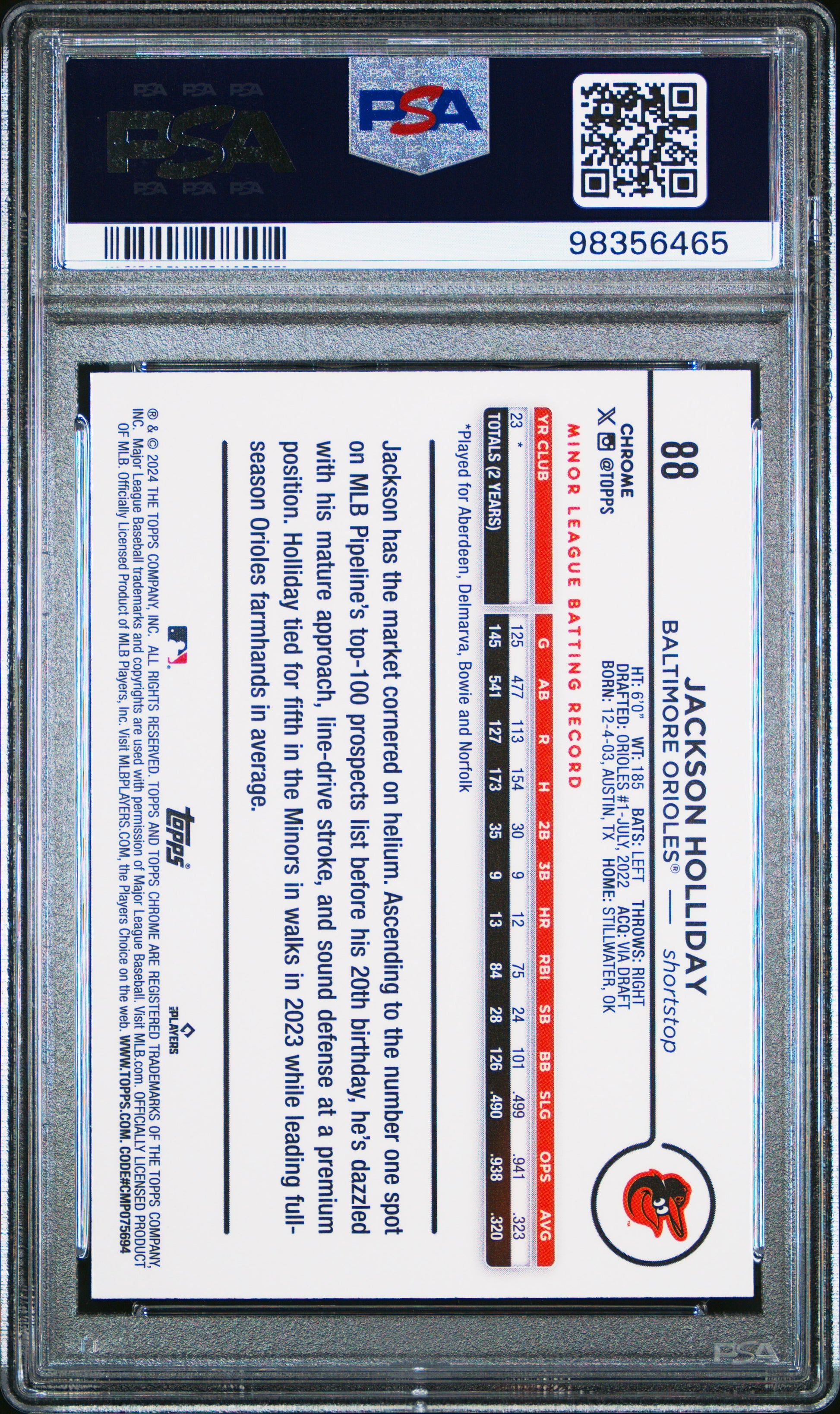 2024 Topps Chrome #88 Jackson Holliday X-Fractor PSA 10