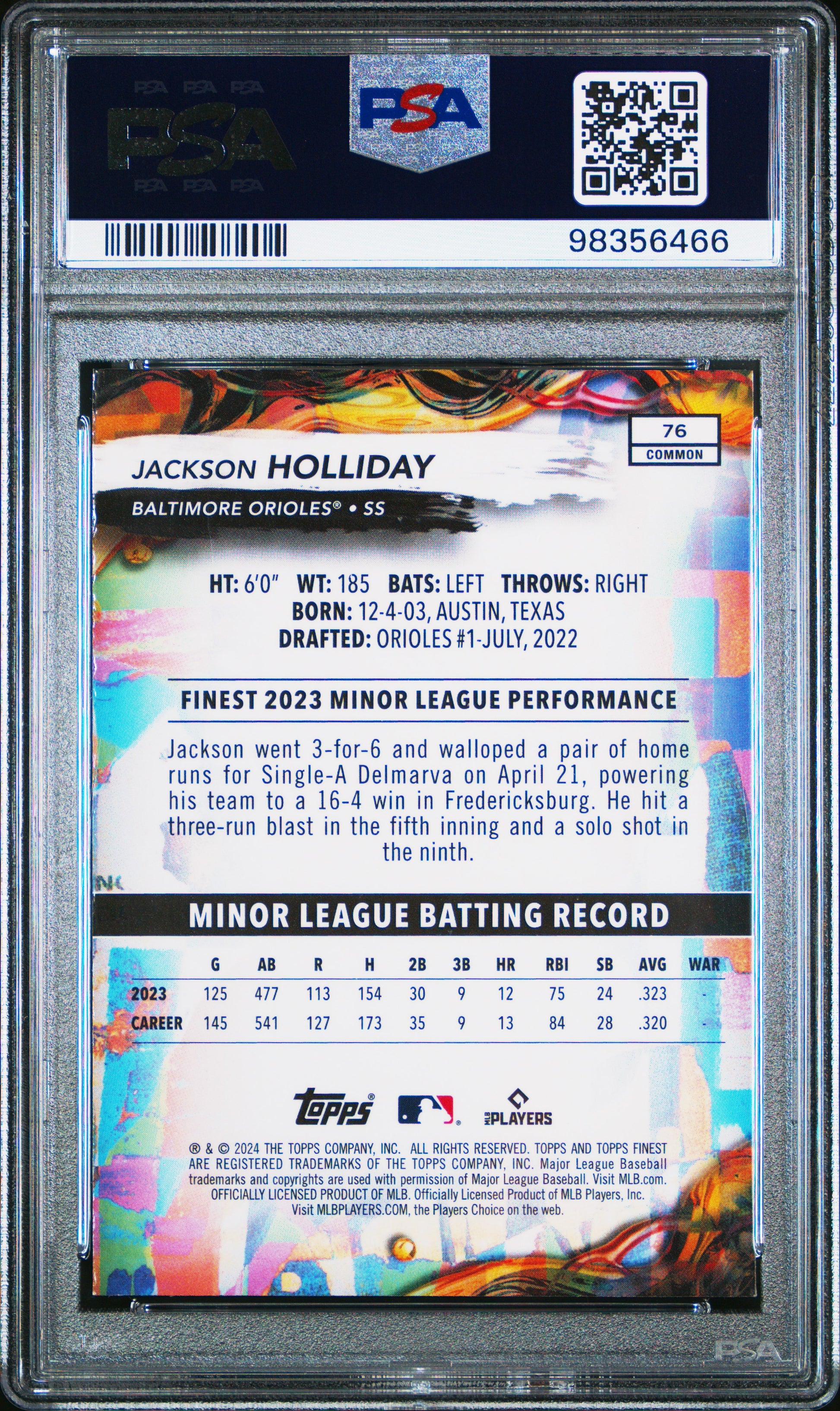 2024 Topps Finest #76 Jackson Holliday Checkerboard Refractor PSA 9
