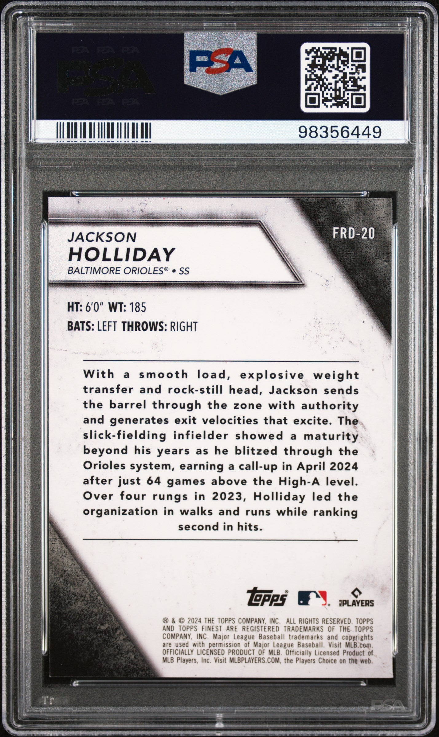 2024 Topps Finest Finest Rookie Design Variation #FRD20 Jackson Holliday PSA 9