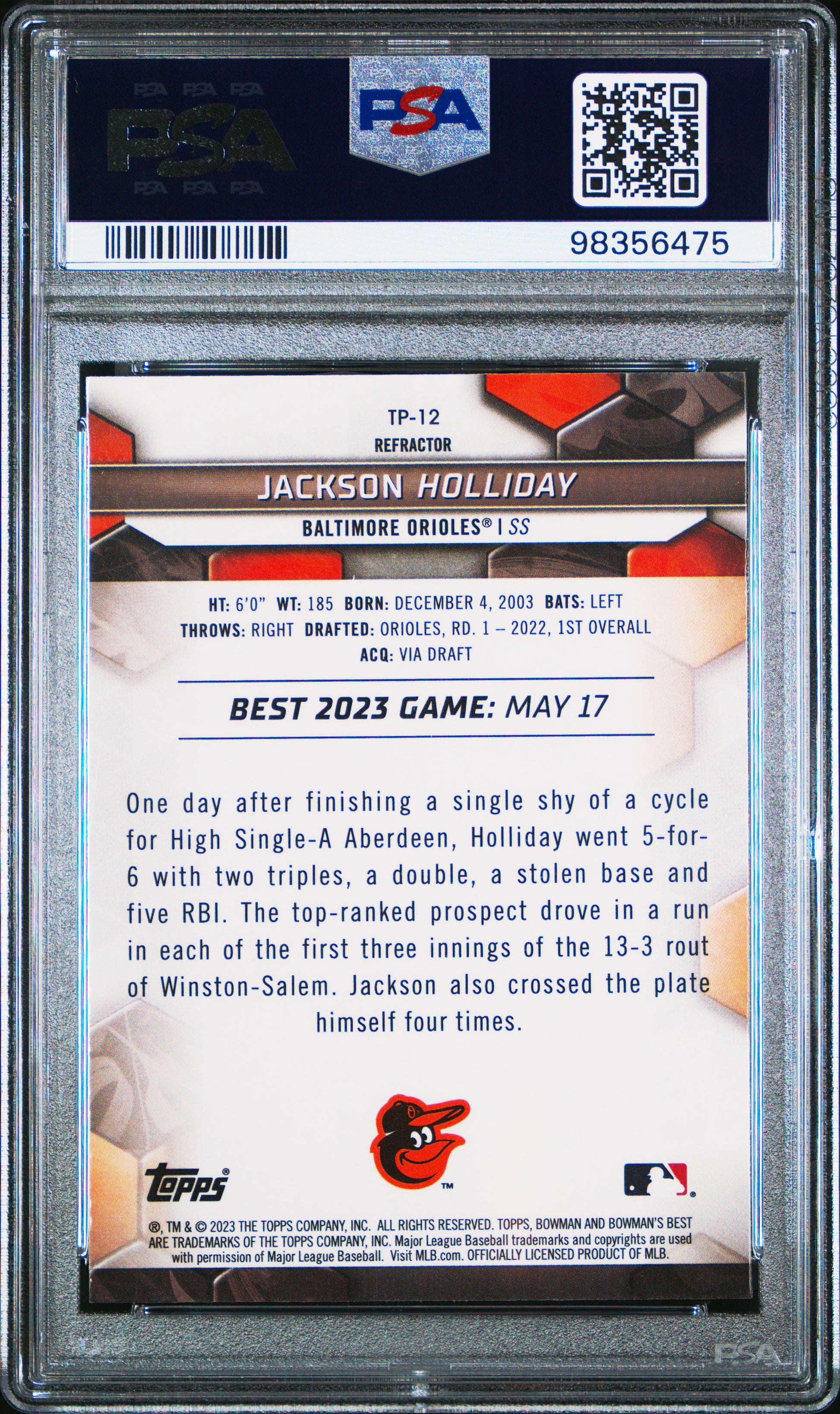 2023 Bowman'S Best Top Prospects #TP12 Jackson Holliday-Refractor PSA 8