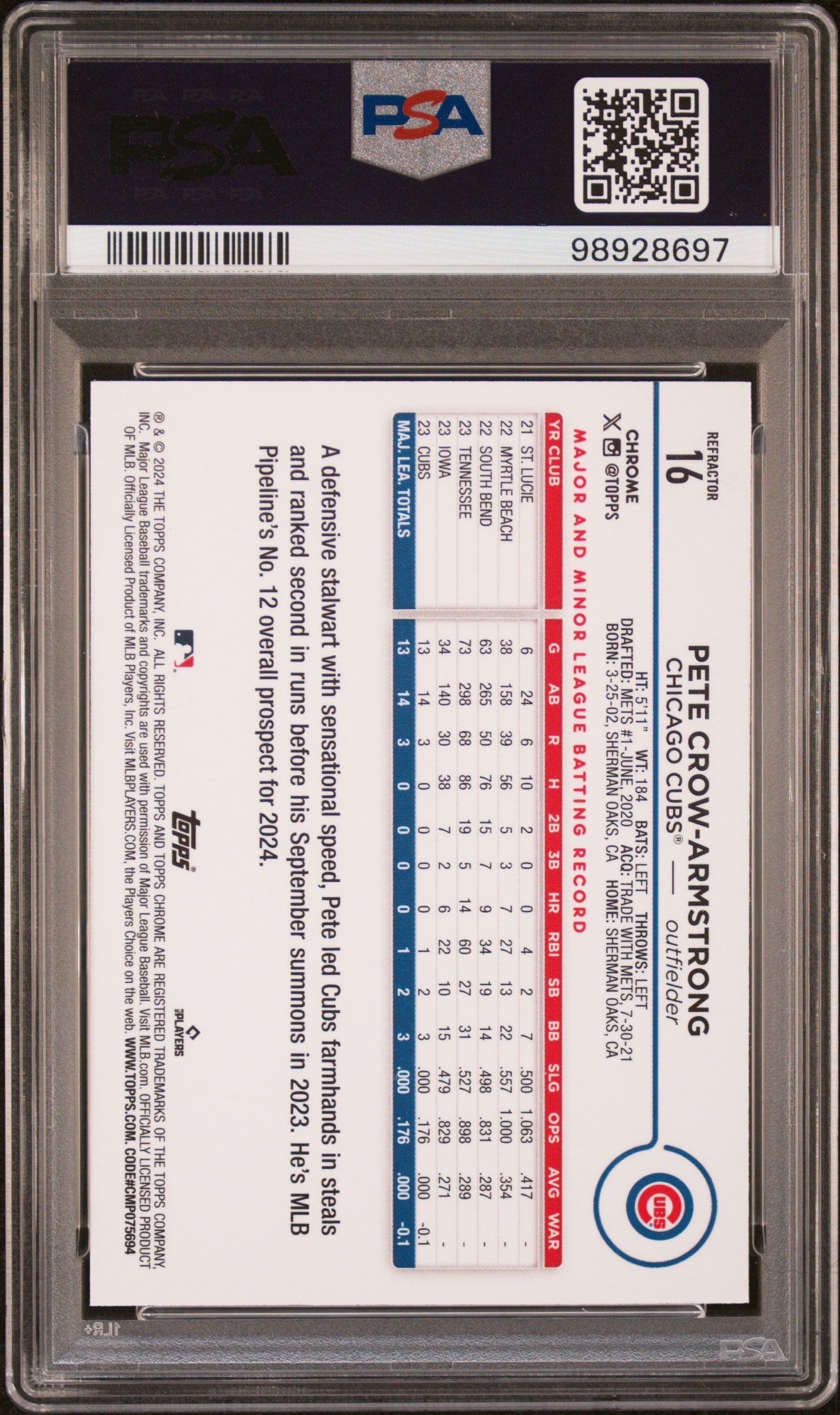 2024 Topps Chrome #16 Pete Crow-Armstrong Refractor PSA 9