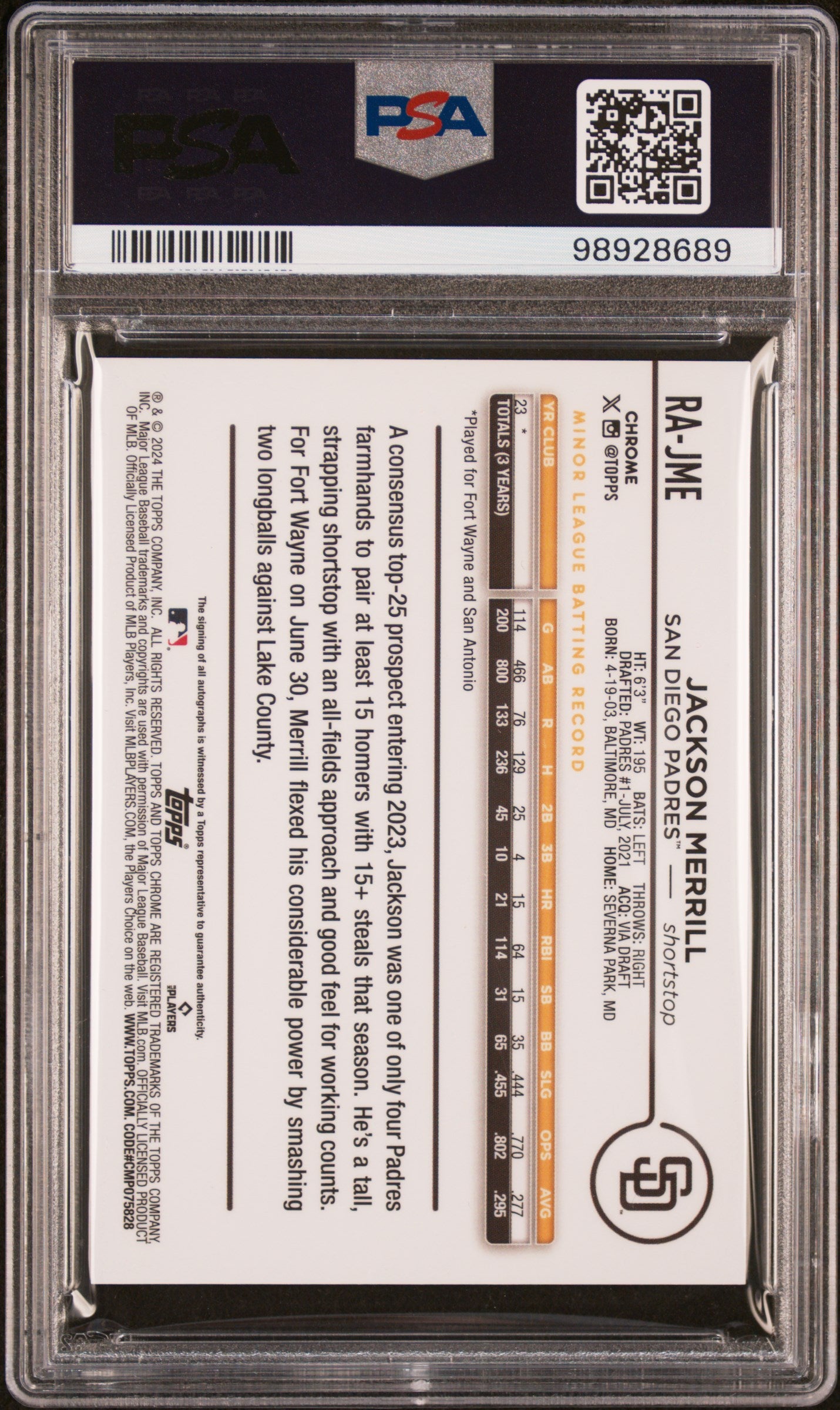 2024 Topps Chrome Rookie Autographs #RAJME Jackson Merrill PSA 9