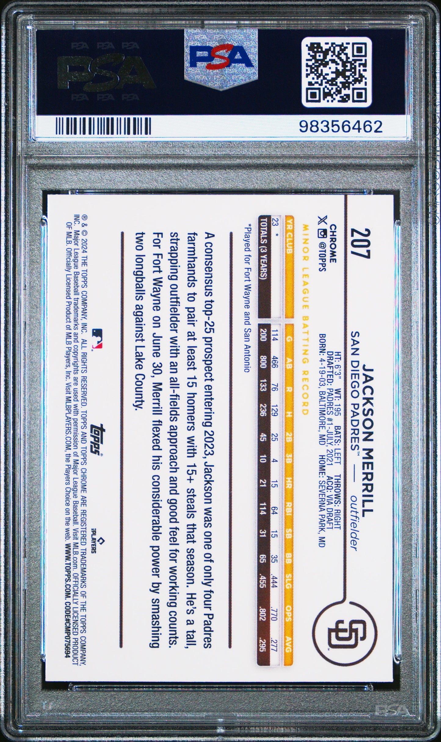2024 Topps Chrome #207 Jackson Merrill PSA 10