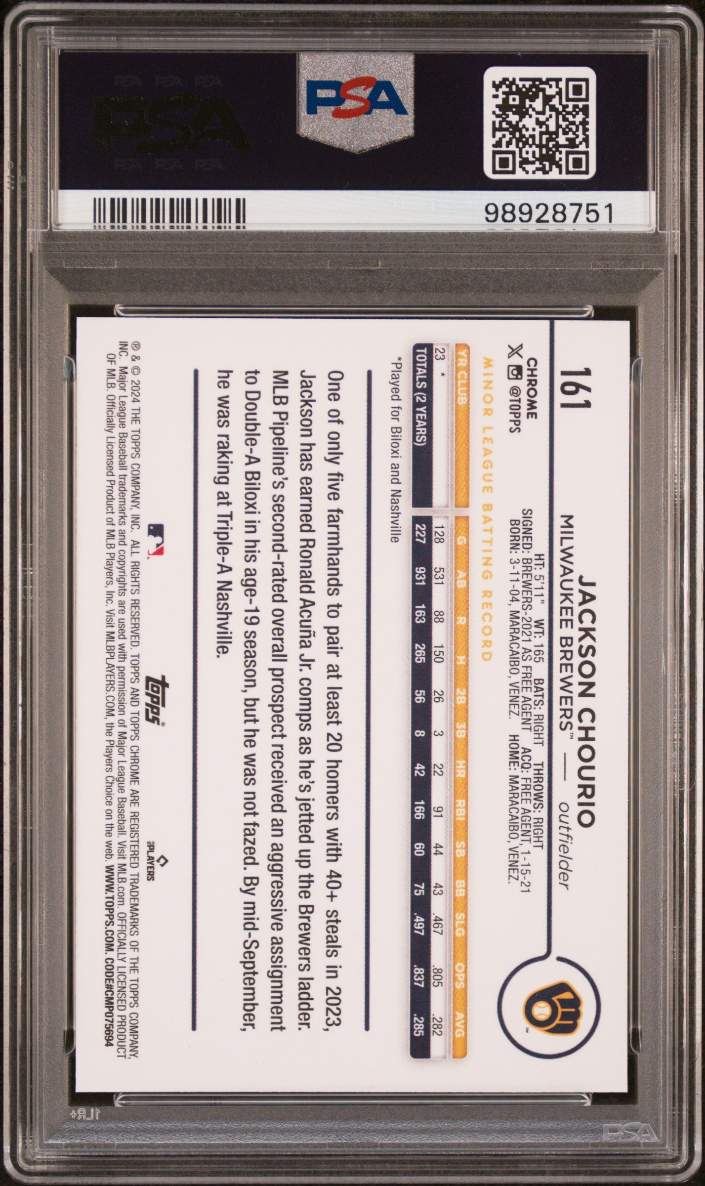 2024 Topps Chrome #161 Jackson Chourio PSA 10