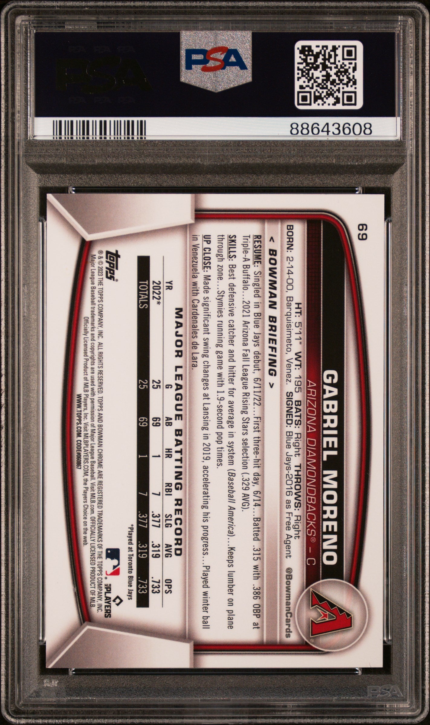 2023 Bowman Mega Box Chrome #69 Gabriel Moreno Chrome-Pink Refractor PSA 10
