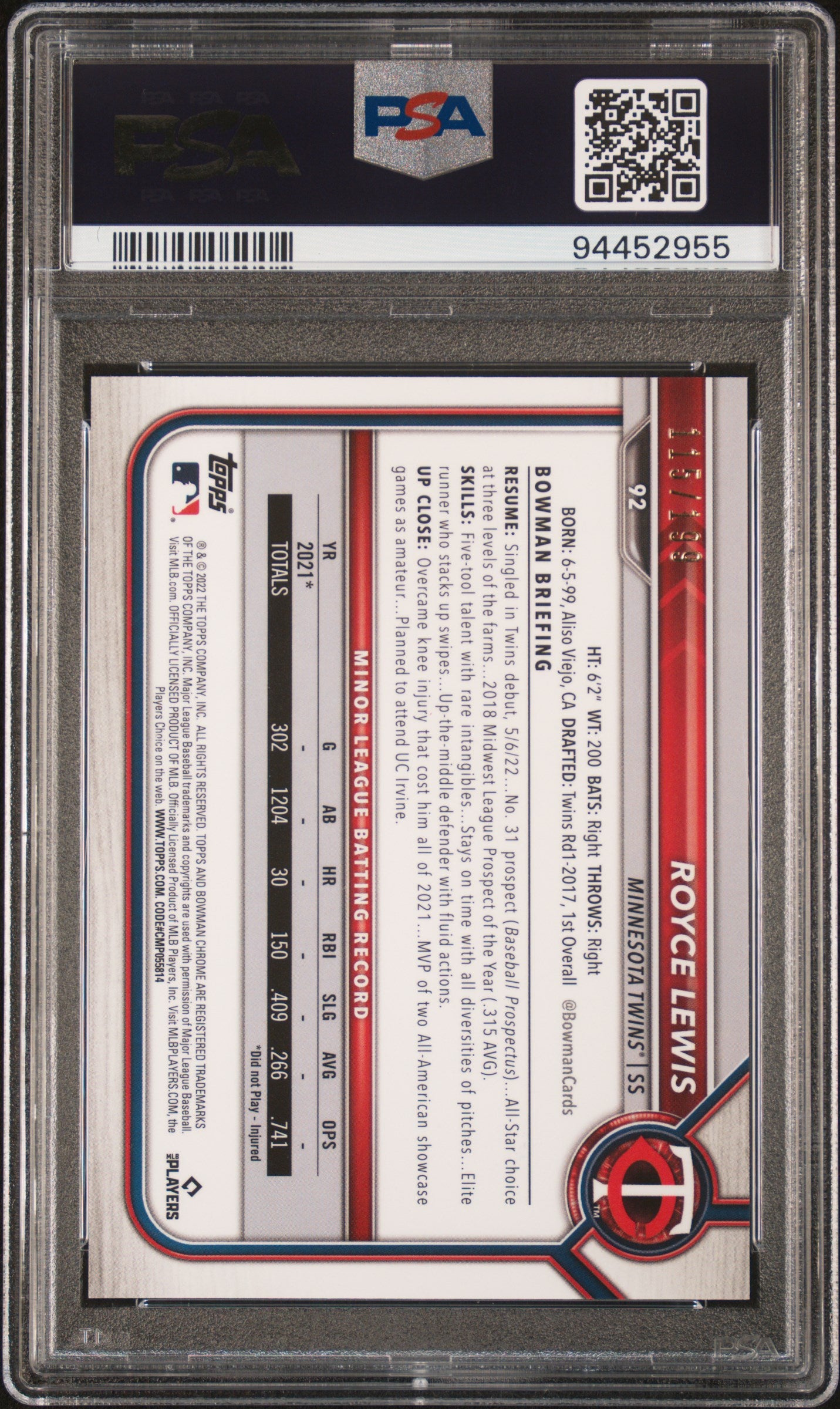 2022 Bowman Chrome #92 Royce Lewis Aqua Raywave Refractor PSA 9