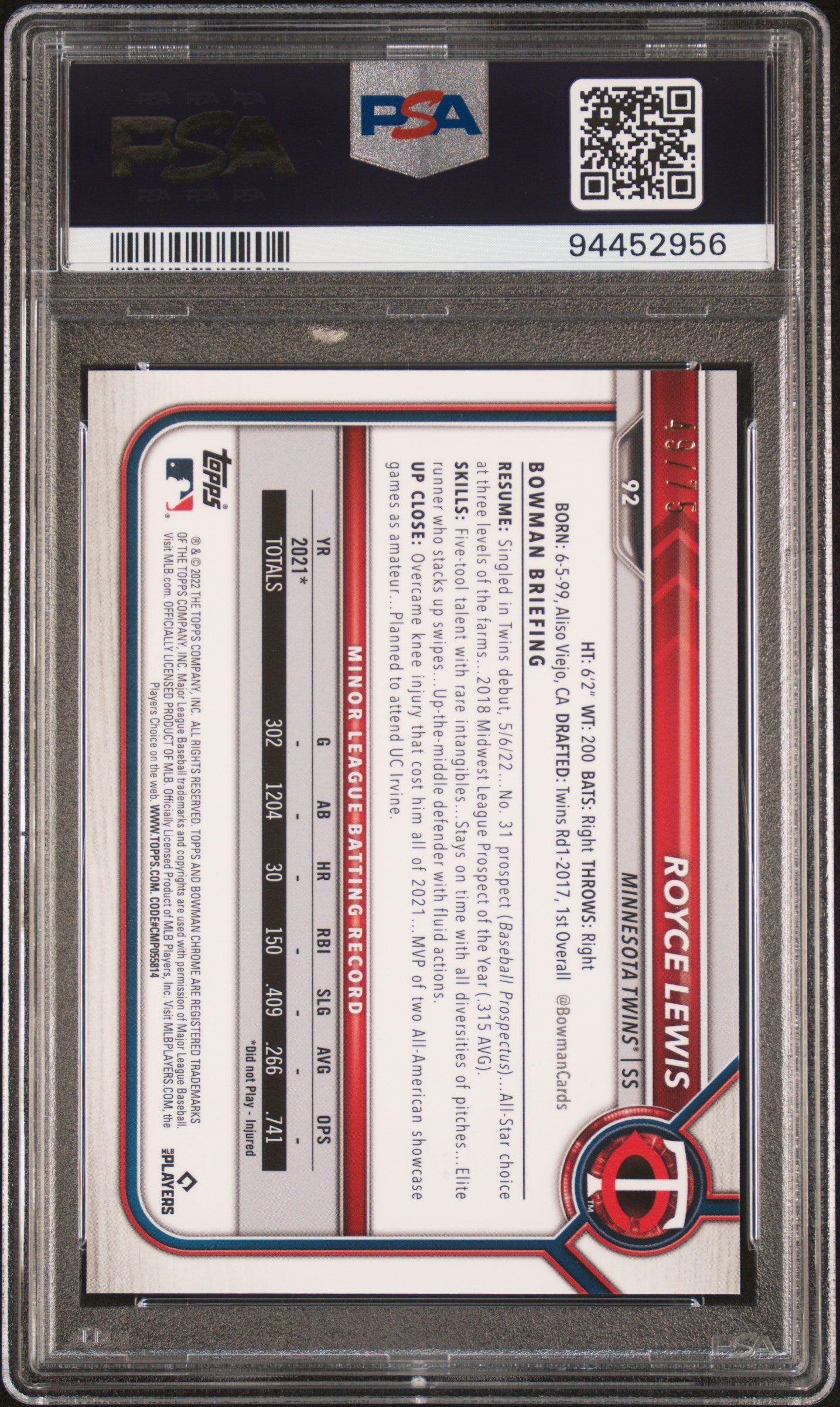 2022 Bowman Chrome #92 Royce Lewis Yellow Refractor PSA 9