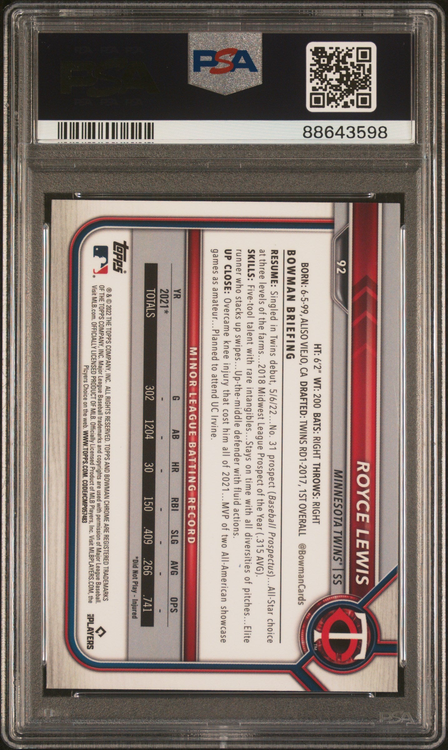 2022 Bowman Chrome Sapphire Edition #92 Royce Lewis PSA 10