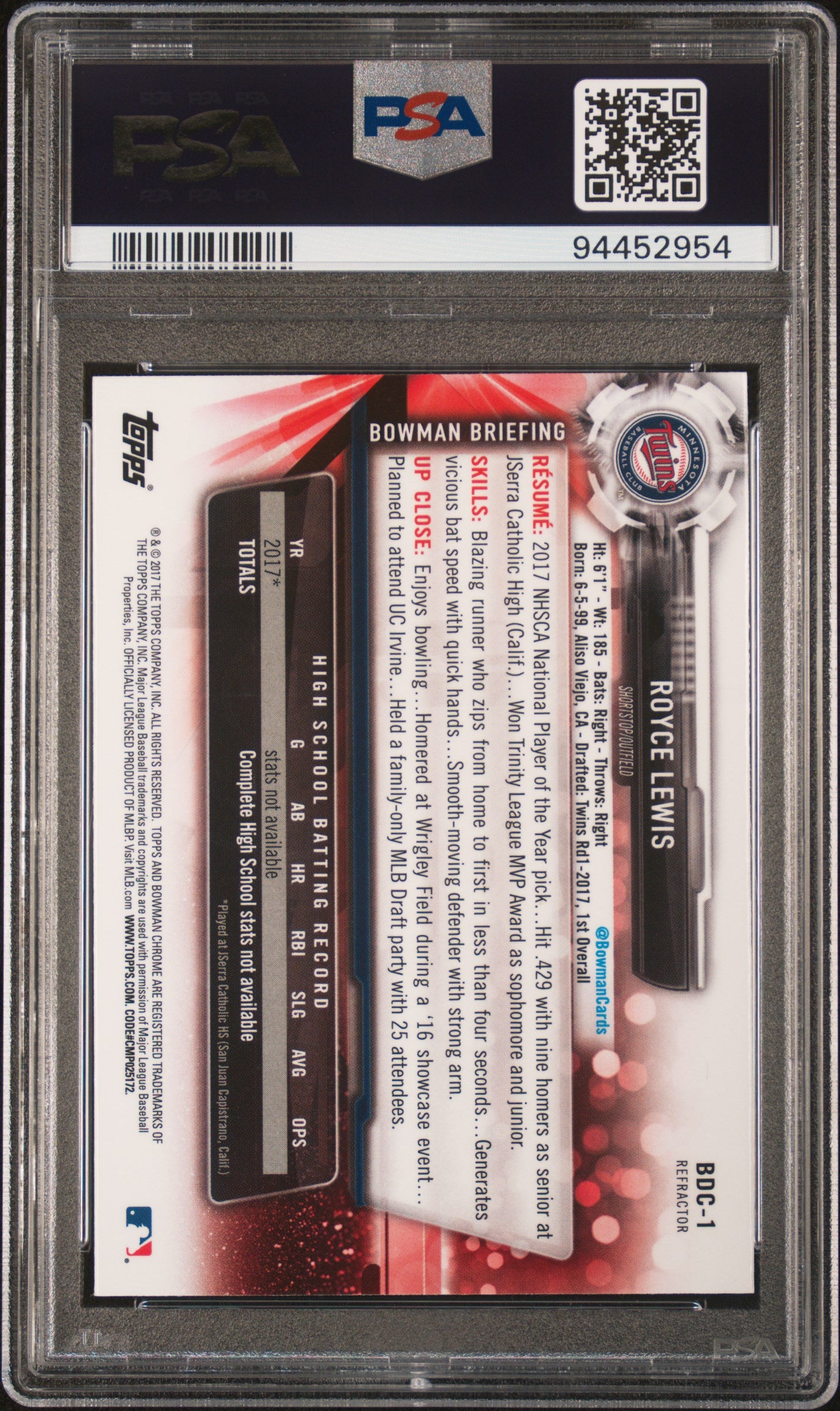 2017 Bowman Draft #BDC1 Royce Lewis Chrome-Batting-Ref. PSA 10